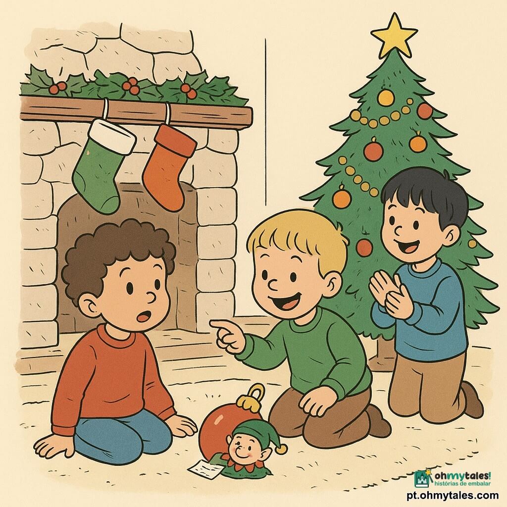 Há 3 personagens: Um menino chamado Tomás, quase 4 anos, com cabelos cacheados e castanhos, vestindo um suéter vermelho. Ele está sentado no tapete, olhando maravilhado para uma pequena meia verde pendurada na lareira. Um menino chamado Davi, quase 4 anos, com cabelos loiros e curtos, vestindo um suéter verde. Ele está ajoelhado ao lado de Tomás, rindo e apontando para uma bola de Natal que parece ter se movido. Um menino chamado Léo, quase 4 anos, com cabelos negros e lisos, vestindo um suéter azul. Ele está em pé atrás de Tomás e Davi, aplaudindo alegremente. O local é uma sala de estar acolhedora, decorada para o Natal. Há uma grande árvore de Natal cintilante com luzes coloridas e guirlandas douradas. Migalhas de glitter estão espalhadas sobre um tapete macio. Uma lareira de pedra é adornada com meias de Natal coloridas. A situação principal mostra os três meninos descobrindo um pequeno duende travesso que deixou uma pista na forma de um bilhete misterioso. O duende está escondido atrás de uma bola de Natal, com um sorriso malicioso, observando as crianças.