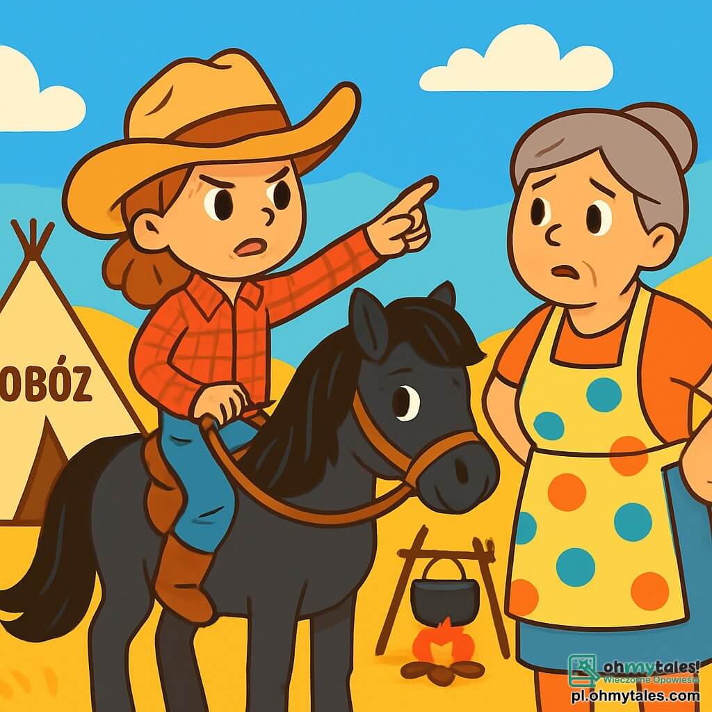 Zosia, dziesięcioletnia kowbojka, dumnie stoi na swoim koniu Błyskawicy, pięknym czarnym kucyku z błyszczącą grzywą. Ma na sobie beżowy kapelusz kowbojski, czerwoną koszulę w kratę i przetarte dżinsy, a jej twarz wyraża odwagę. Obok niej stoi Pani Maja, kucharka obozowa w średnim wieku z siwiejącymi włosami i kolorowym fartuszkiem, z niepokojem patrzy na Zosię, trzymając ręce na biodrach. W tle obozowisko otoczone jest rozległymi złotymi łąkami, z falistymi wzgórzami pod błękitnym niebem i kilkoma puszystymi białymi chmurami. Zosia, gotowa na przygodę, unosi palec, wskazując kierunek, w którym mogą ukrywać się bandyci, podczas gdy Pani Maja zachęca ją do ostrożności.
