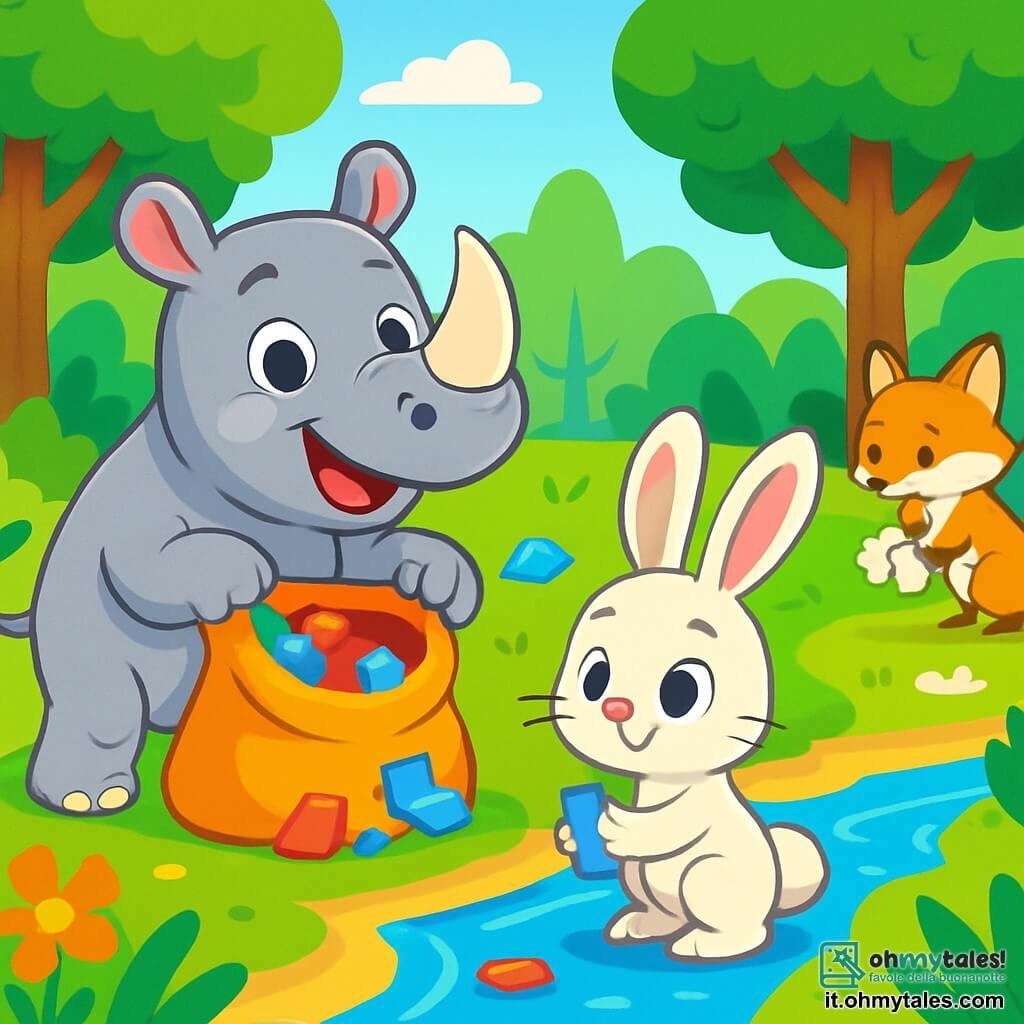 Un piccolo rinoceronte gioioso, di nome Rino, con la pelle grigia e occhi scintillanti, si trova al bordo di un ruscello scintillante. Sorride ampiamente mentre raccoglie rifiuti colorati con un grande sacco. Accanto a lui, un coniglietto dalle grandi orecchie, Benny, con il pelo bianco e occhi curiosi, osserva determinato un pezzo di plastica che tiene tra le zampe. Più in là, una volpe rossa, Lila, con una coda folta, è impegnata a raccogliere carta, mostrando un'espressione concentrata. Il paesaggio è una foresta verdeggiante, piena di alberi maestosi, fiori brillanti e un cielo blu luminoso. La scena mostra Rino e i suoi amici mentre puliscono il ruscello, trasformando un luogo sporco in uno pulito e gioioso, pieno di vita.