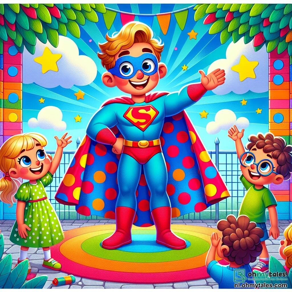 Super Sjaak, een glimlachende man met een grote cape met rode en blauwe stippen, staat in het midden van het podium. Zijn haar is rommelig en recht omhoog, en zijn ogen stralen van opwinding. Hij maakt een gebaar met zijn hand, klaar om de kinderen te verwelkomen. Aan zijn rechterkant steekt een 7-jarig meisje met blonde vlechten en een roze jurk enthousiast haar hand op, klaar om een vraag te stellen. Aan zijn linkerkant kijkt een 6-jarig jongetje met ronde bril en een groene t-shirt bewonderend naar Sjaak, met een grote glimlach op zijn gezicht. De scène speelt zich af in de binnenplaats van de Heldenschool, omringd door kleurrijke muren versierd met tekeningen van superhelden en wolken. Bomen met kleurrijke bladeren omringen de binnenplaats en speelgoed ligt verspreid over de grond. Super Sjaak kondigt blij aan dat de kinderen hun activiteit kunnen kiezen, en de opwinding is voelbaar in de lucht. De kinderen kunnen niet wachten om te ontdekken welk avontuur hen vandaag te wachten staat!