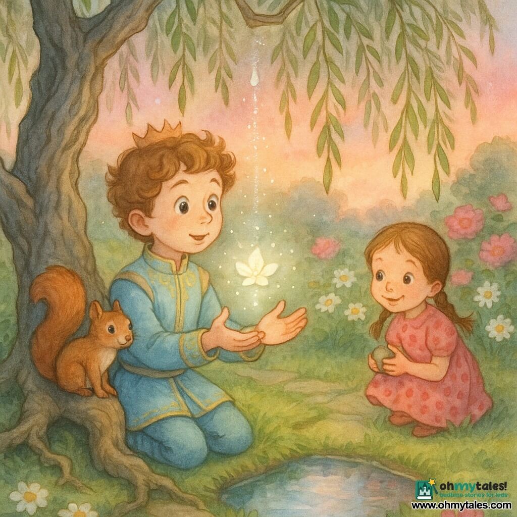 A tender, pastel watercolor scene at dusk: a round-faced 10-year-old prince with light chestnut curls and bright eyes kneels in a pale blue embroidered tunic, palms open as a shimmering silver drop falls from an ancient weeping willow and becomes a small luminous flower; a smiling 5-year-old girl in a pink polka-dot dress with two braids crouches by a small reflecting pool holding a shiny pebble, a fluffy red squirrel perches on a root nearby, set in a royal garden of velvety lawn, peonies, daisies and mossy stone paths under a rose-and-gold sky.