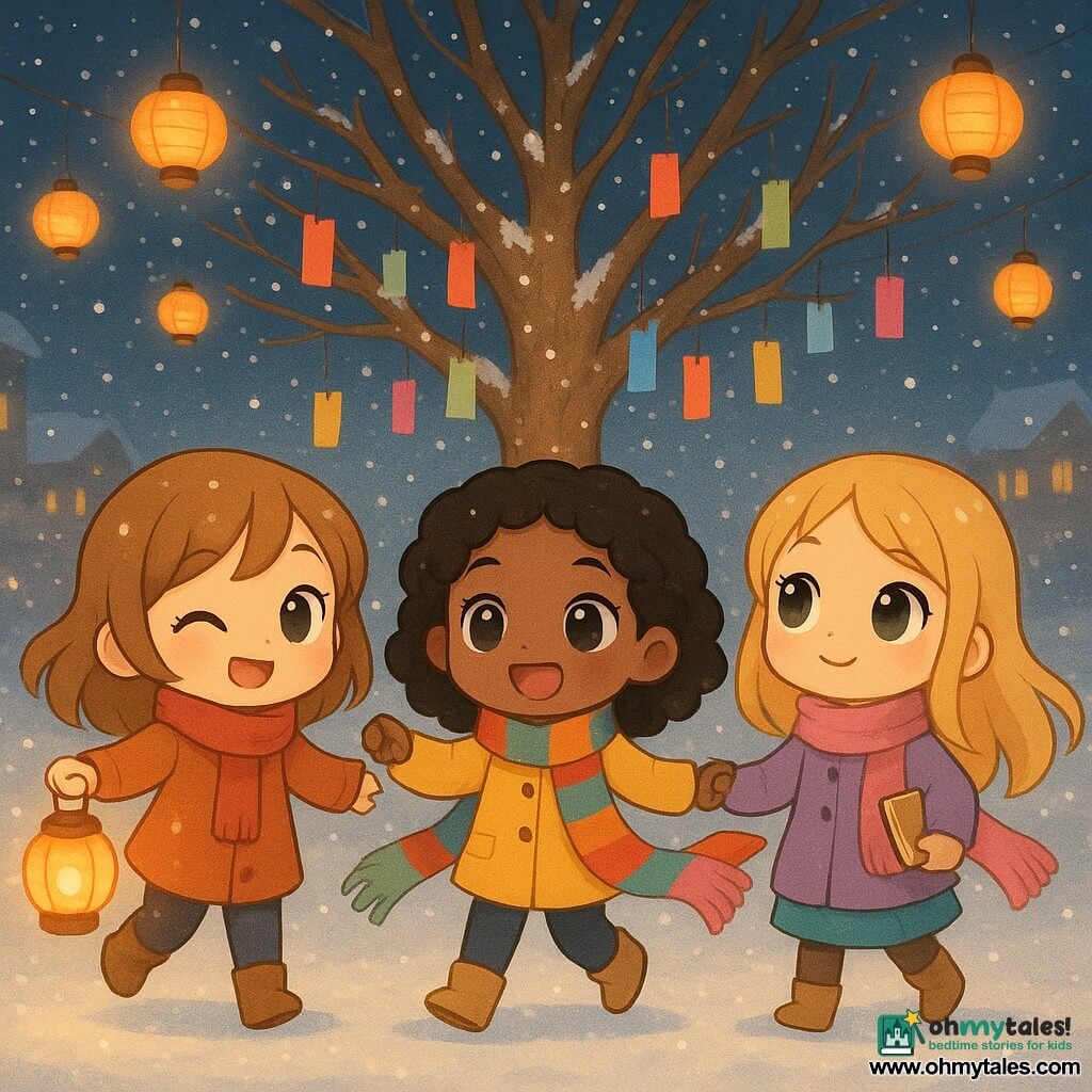 There are three main characters: - A girl named Lila, aged 9, with toast-colored hair and a mischievous smile. She holds a bright lantern and stands on the left of the image. - A girl named Sanaa, aged 9, with curly black hair and curious eyes. She is in the center, holding a colorful ribbon. - A girl named Maisie, aged 9, with blonde hair and a dreamy look. She is on the right, holding a small notebook. The setting is the village square, decorated with hanging lanterns gently floating in the air. Snowflakes fall delicately, covering the ground with a thin white layer. A large tree in the center is adorned with small colorful papers hanging from its branches, symbolizing New Year promises. The main scene shows the three girls joyfully dancing around the tree, their colorful scarves trailing behind them. The scene is illuminated by the soft glow of the lanterns and the sparkling snow, creating a warm and festive atmosphere.