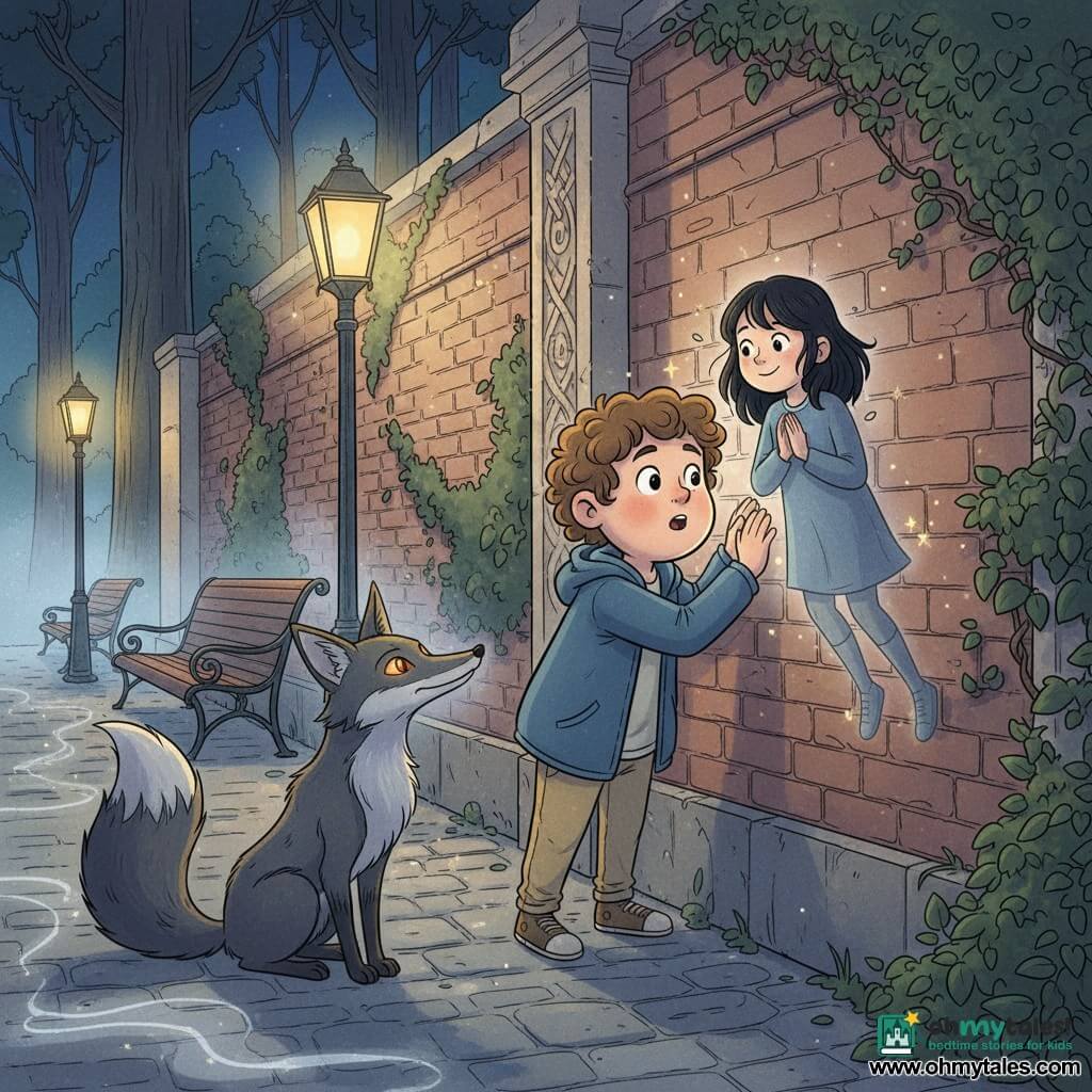 A 10-year-old boy with a round face, curly brown hair, big curious eyes and a moved, brave expression presses his palm to a cold brick wall, leaning forward to whisper; he wears a blue jacket, khaki pants and dusty shoes. A girl-shadow of about 8 with night-black hair, translucent and smiling, floats at his shoulder on the right with clasped hands, encouraging him. A shadow fox with glowing orange eyes, a slim muzzle and a bushy tail sits to his left, its body made of swirling shadows, watching the wall. The scene is an old nighttime park dominated by a tall ivy-covered brick wall engraved with sinuous motifs, soft-yellow lampposts, wrought-iron benches, wet cobbles and a silver mist winding through trees. The wall glows with a silver light around a carved poem as the shadows take shape and gently dance, tiny sparks trace the appearing words — a mysterious yet warm atmosphere in midnight-blue and silver tones.