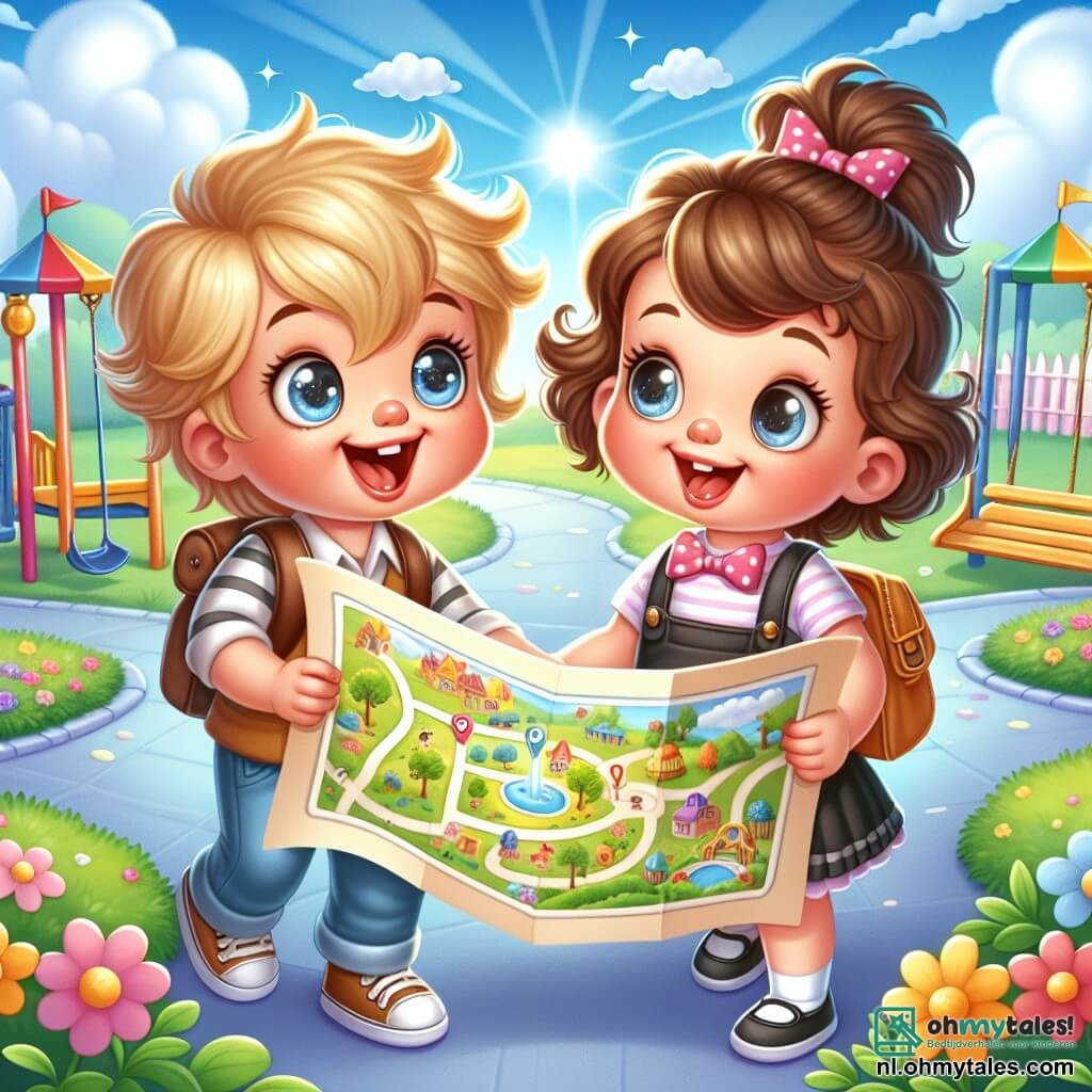 Een jongetje van 2 jaar met messy blond haar en nieuwsgierige ogen houdt een papieren kaart in zijn kleine handen. Hij glimlacht enthousiast met zijn mond wijd open terwijl hij om zich heen kijkt, klaar om te verkennen. Naast hem staat een meisje van 3 jaar met bruin, krullend haar, dat de kaart met een nieuwsgierige blik bekijkt, haar handen op haar heupen, ongeduldig om het avontuur te beginnen. Ze bevinden zich op een mooie speeltuin, omringd door kleurrijke schommels en glijbanen, onder een blauwe lucht met donzige witte wolken. Multicolore bloemen groeien rond de speeltoestellen en voegen een vleugje magie toe aan de plek. De hoofdscene toont het jongetje en het meisje die zich voorbereiden om de aanwijzingen op de kaart te volgen, hun ogen stralend van opwinding terwijl ze zich klaarmaken om de verborgen schatten van het spel te ontdekken.