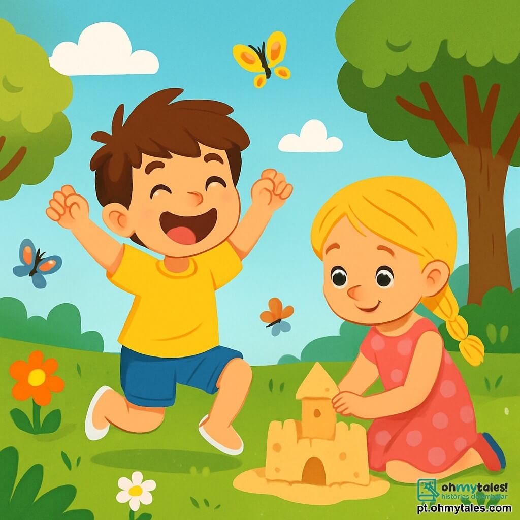 Um menino de 6 anos, chamado Tomás, com cabelo castanho bagunçado e um grande sorriso alegre, está sentado na grama verde do parque, com os olhos brilhando de excitação. Ele usa uma camiseta amarela viva e shorts azuis, e está pulando com entusiasmo, os braços levantados para o céu. Ao seu lado, uma menina da mesma idade, com cabelo loiro trançado e um vestido rosa de bolinhas, está construindo um castelo de areia, concentrada e sorridente, olhando para Tomás com diversão. O parque é um lugar encantador, cheio de flores coloridas, grandes árvores com folhas verdes e um céu azul salpicado de nuvens brancas fofas. Borboletas de asas brilhantes voam ao redor, adicionando um toque de magia à cena. A situação principal mostra Tomás e a menina brincando juntos, inventando um jogo de aventura, onde imaginam ser exploradores em uma selva, pulando alegremente entre pedras invisíveis, rindo e compartilhando ideias criativas.