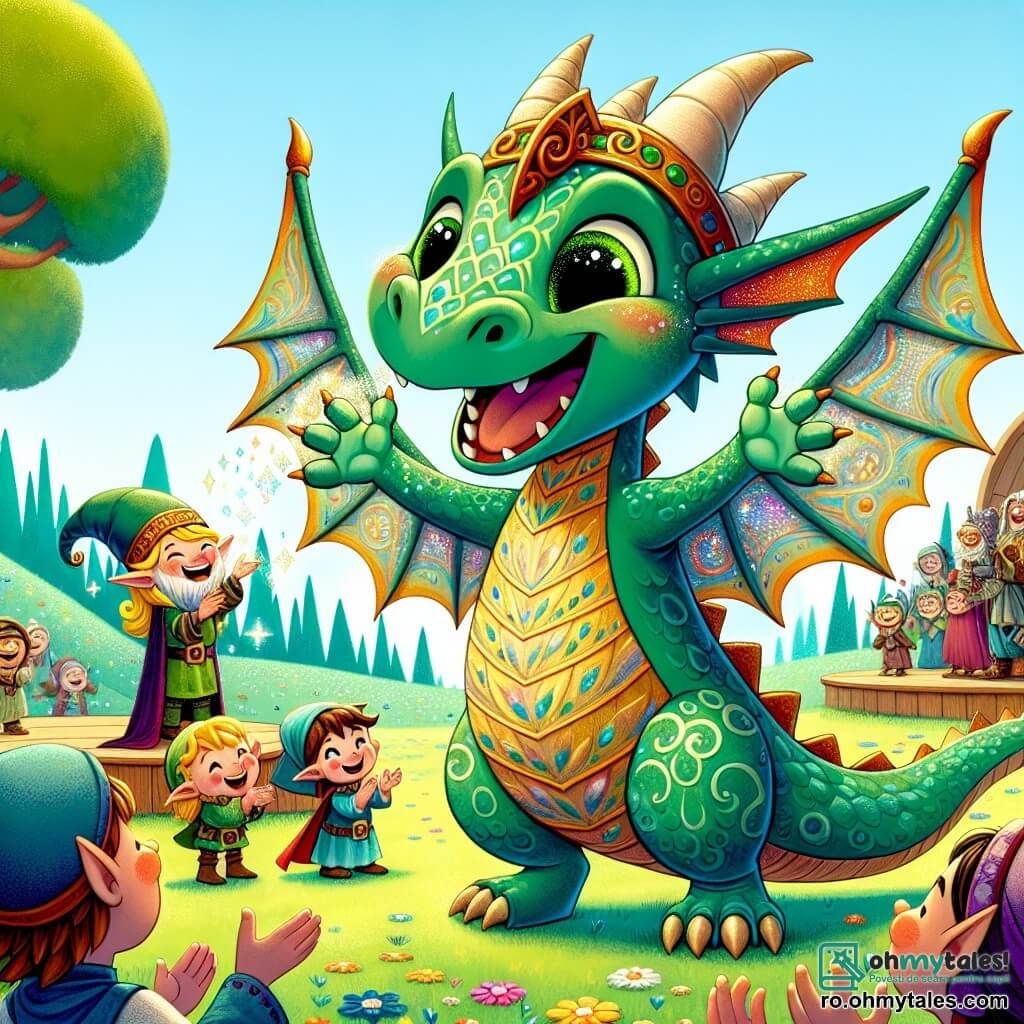 Un dragon vesel numit Zambilon, cu solzi verzi strălucitori și ochi jucăuși, stă în centrul scenei, râzând cu poftă. Aripile lui mari desfăcute adaugă un strop de magie aspectului său, în timp ce ține o piatră strălucitoare în gheare, simbol al victoriei sale. Lângă el, un elf mic numit Firicel, de aproximativ 8 ani, cu urechi ascuțite și păr auriu, zâmbește admirativ. Poartă o tunică colorată și stă pe vârfuri, ca și cum ar fi pregătit să aplaude. În fundal, un spiriduș numit Hăhăilă, de aproximativ 10 ani, cu o pălărie mare și un zâmbet contagios, se află pe o mică scenă din lemn, ridicând brațele pentru a încuraja mulțimea. Este înconjurat de creaturi fantastice, toate râzând și aplaudând. Locul este un câmp însorit, presărat cu flori multicolore și copaci mari cu frunze strălucitoare, unde o mulțime de creaturi magice s-au adunat pentru a sărbători festivalul râsului. Balonase colorate plutesc în aer, iar ghirlande de flori decorează copacii. Situația principală arată cum Zambilon, dragonul, își împărtășește bucuria și umorul cu prietenii săi, povestind una dintre cele mai amuzante glume ale sale, provocând hohote de râs în întreaga mulțime încântată.