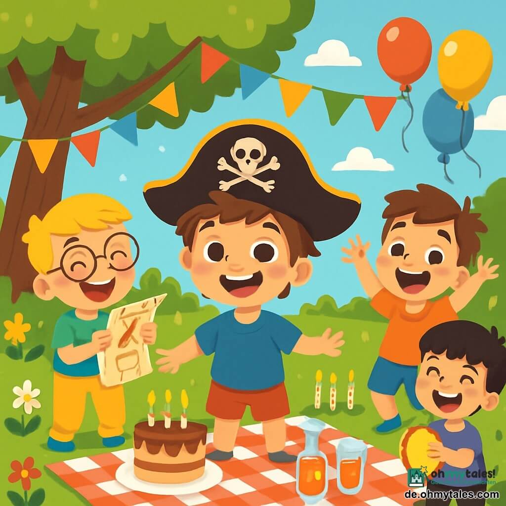 Es gibt vier Kinder: Zen, ein 7-jähriger Junge mit zerzausten braunen Haaren und funkelnden Augen, trägt ein blaues T-Shirt und eine rote Shorts und steht lächelnd mit einem Piratenhut in der Mitte des Bildes. Mika, ein 7-jähriger Junge mit blonden Haaren und runden Brillen, trägt ein grünes T-Shirt und gelbe Hosen, steht links von Zen, lacht und hält eine Schatzkarte. Tom, ein 7-jähriger Junge mit kastanienbraunen Haaren und einem schelmischen Lächeln, trägt ein oranges T-Shirt und eine blaue Shorts, steht rechts von Zen und hebt begeistert die Arme. Emil, ein 7-jähriger Junge mit schwarzen Haaren und einem Pony, trägt ein lila T-Shirt und schwarze Hosen, steht etwas im Hintergrund und schlägt mit einem großen Lächeln auf eine kleine Trommel. Die Szene spielt in einem sonnigen Garten mit bunten Blumen und schwebenden Ballons. Eine große karierte Decke liegt auf dem Gras, dekoriert mit Kuchen und sprudelnden Getränken. Im Hintergrund bietet ein großer Baum mit ausladenden Ästen Schatten, während bunte Papiergirlanden von den Ästen hängen. Die Hauptsituation zeigt die Kinder, die Zens Geburtstag mit einer Schatzsuche feiern, während sie fröhlich wie Frösche springen, singen und Rätsel lösen.