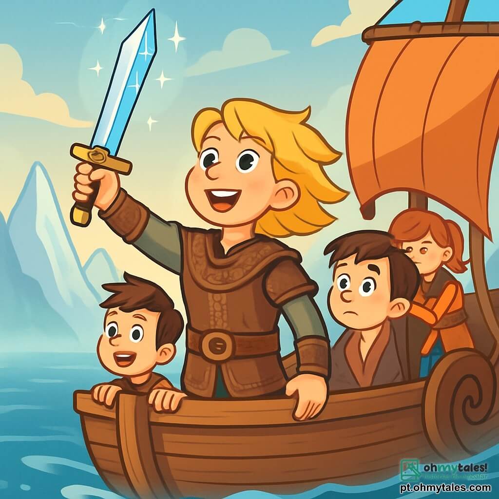 Um jovem viking, Eirik, se mantém orgulhosamente no convés de seu drakkar, com seus cabelos loiros ao vento e um rosto iluminado por determinação e admiração. Ele usa uma túnica de couro decorada com padrões nórdicos e um cinto de couro, segurando uma espada mágica brilhante. Ao seu lado, seu amigo, um garoto de cabelos castanhos e olhos brilhantes, cerca de 12 anos, observa o horizonte com uma mistura de excitação e preocupação, as mãos apertadas na borda do navio. Ao fundo, outra amiga, uma garota de cabelos ruivos, cerca de 11 anos, ajusta uma vela, com um rosto concentrado e determinado. O drakkar navega em um mar calmo, cercado por névoas misteriosas e ondas cintilantes, enquanto montanhas de gelo aparecem no horizonte, criando um cenário majestoso. A cena principal mostra Eirik brandindo sua nova espada mágica, pronto para enfrentar criaturas lendárias que emergem da névoa, com um brilho de aventura nos olhos e um sentimento palpável de heroísmo no ar.