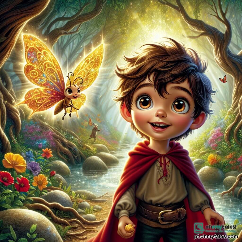 Um garoto de 6 anos, Lucas, com cabelos castanhos bagunçados e grandes olhos curiosos, está à beira de um riacho cintilante. Seu rosto expressa uma determinação alegre, com um sorriso radiante e bochechas rosadas. Ele usa uma capa vermelha flutuante e segura um pequeno pão de mel na mão. Ao seu lado, uma borboleta dourada, com asas brilhantes, voa ao seu redor, iluminando o ar com sua luz dourada. O local é uma floresta encantada, cheia de árvores com troncos retorcidos e folhas brilhantes, onde flores multicoloridas crescem entre as pedras. Raios de sol penetram pela folhagem, criando manchas de luz no chão. A cena principal mostra Lucas pronto para partir em uma aventura, ouvindo atentamente a borboleta que lhe fala sobre o Cristal Encantado roubado pelo Dragão das Sombras, enquanto pássaros coloridos cantam nos galhos acima deles.