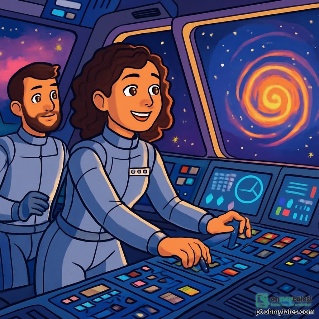 Uma mulher chamada Marina, com cerca de 30 anos, está na cabine de comando da nave espacial Aurora. Ela tem cabelos castanhos e cacheados, olhos brilhantes de excitação e usa um elegante uniforme espacial prateado. Seu rosto irradia determinação e alegria enquanto ajusta os comandos da nave. Ao seu lado, um jovem chamado Lucas, com cerca de 25 anos, cabelos curtos e uma barba leve, observa as telas com um olhar admirado. Ele também veste um uniforme espacial e se mantém um pouco atrás, pronto para ajudar. O local é a cabine da nave, cheia de painéis de controle iluminados, telas exibindo dados brilhantes e janelas com uma vista espetacular do espaço estrelado, com nebulosas coloridas ao fundo. A situação principal mostra Marina e Lucas se preparando para entrar em um misterioso redemoinho luminoso, uma espiral de energia vibrante que pulsa na escuridão do espaço, prometendo descobertas incríveis.