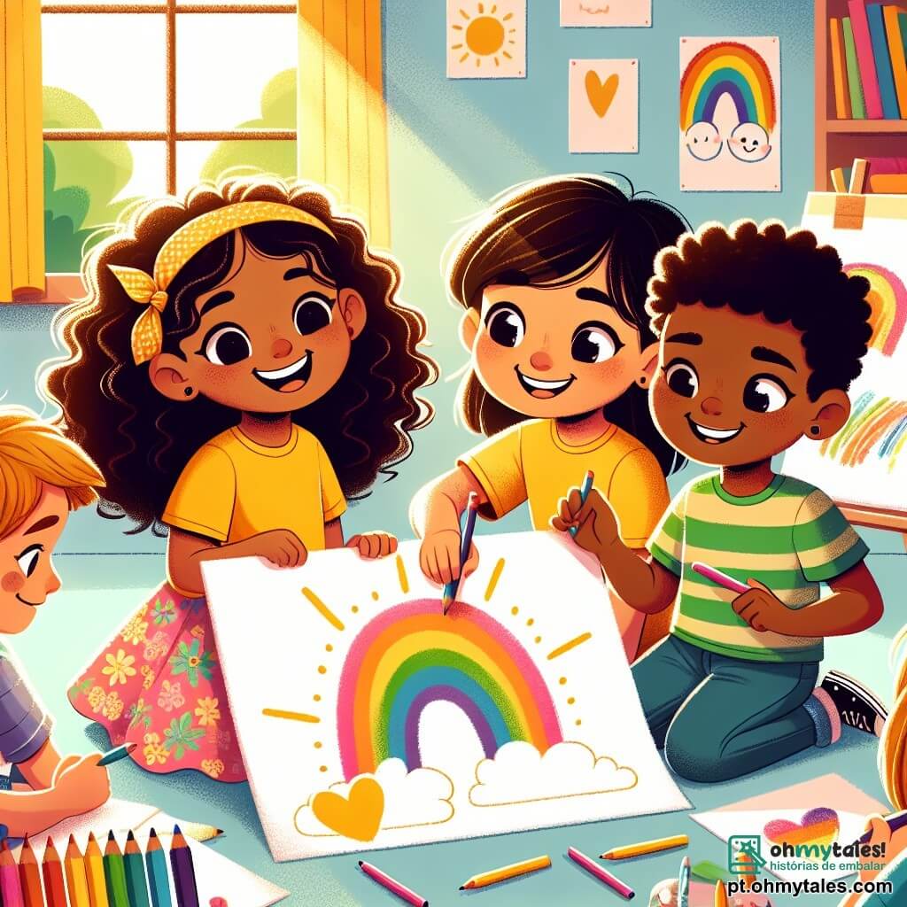 Uma menina de 8 anos, Clara, com cabelos castanhos e cacheados, um grande sorriso brilhante, está segurando um grande cartaz colorido. Ela usa uma camiseta amarela vibrante e uma saia floral, parecendo alegre e cheia de energia. Ao seu lado, Miguel, um menino de 8 anos com cabelos pretos e olhos brilhantes, está desenhando um arco-íris no cartaz, com uma expressão concentrada e entusiasmada. Ana, uma menina de 8 anos com cabelos loiros e lisos, está sentada no chão, cercada de lápis e papéis, desenhando um grande coração, com um sorriso caloroso no rosto. A cena acontece em uma sala de aula iluminada, com paredes decoradas com desenhos de crianças e janelas que deixam entrar a luz do sol. Livros coloridos estão empilhados em estantes, e cartazes sobre diversidade e amizade adornam as paredes. Clara, Miguel e Ana trabalham juntos em seu projeto de cartaz para celebrar a amizade e combater o racismo, mostrando sua determinação em unir todas as crianças, independentemente de sua origem.