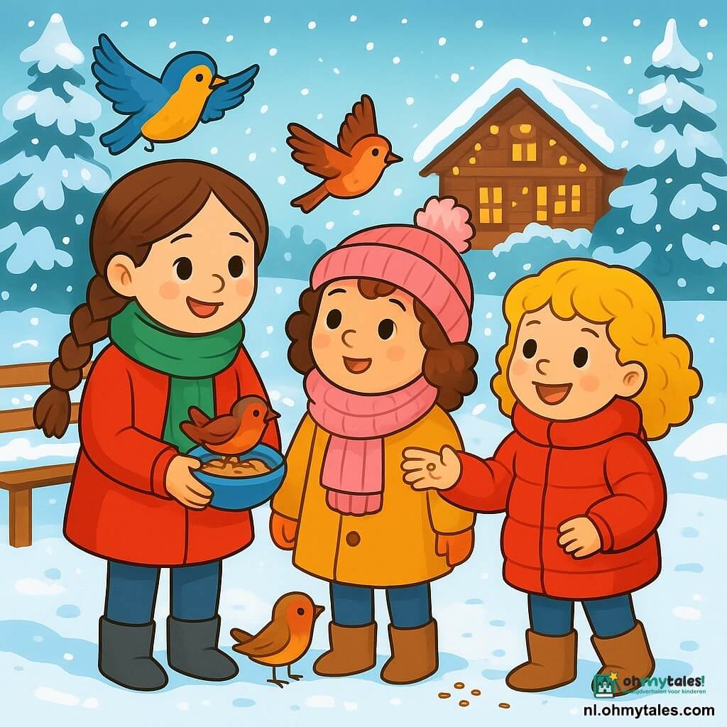 Er zijn 3 personages: - Noa: een 8-jarig meisje met lange bruine vlechten, een groene sjaal en een rode jas. Ze staat glimlachend met een klein kommetje warm water voor de vogels. - Lila: een 7-jarig meisje met krullend kastanjebruin haar, een dikke roze sjaal en een pomponmuts. Ze staat naast Noa en kijkt verwonderd naar de vogels. - Emma: een 6-jarig meisje met gouden krullen, een rode donsjas en laarzen. Ze staat iets achteraan en gooit met een grote glimlach zaden naar de vogels. De locatie is een besneeuwde tuin, waar de sneeuw glinstert onder de ochtendzon. Bomen met sneeuwbeladen takken omringen de tuin, en een klein houten bankje is bedekt met sneeuwvlokken. Op de achtergrond is een charmant klein chalet met fonkelende kerstverlichting te zien. De belangrijkste situatie toont de drie meisjes die vrolijk bezig zijn met het voeden van vogels in de sneeuw, wat een warme en feestelijke kerstsfeer creëert, met kleurrijke vogels die om hen heen vliegen.