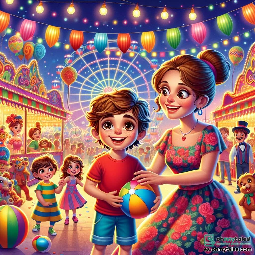 Un niño de 10 años, llamado Martín, con cabello castaño despeinado y ojos brillantes de curiosidad, está en el centro de la escena, sonriendo ampliamente. Lleva una camiseta roja y un pantalón corto azul, sosteniendo un globo multicolor en su mano. A su lado, su madre, una mujer de unos treinta años con el cabello castaño recogido en un moño, sonríe tiernamente mientras sostiene la mano de Martín. Ella lleva un vestido ligero con flores y parece maravillada por el espectáculo. El escenario es un carnaval animado, lleno de puestos coloridos, luces centelleantes y personajes fantásticos. Guirnaldas de luces multicolores cuelgan de los árboles, y globos flotan en el aire. Al fondo, una noria iluminada gira lentamente, sumando a la atmósfera festiva. La situación principal muestra a Martín y su madre descubriendo el carnaval, rodeados de risas y música. Martín, con los ojos brillantes de emoción, señala a un grupo de bailarines con trajes llamativos que se presentan en un escenario decorado con flores y purpurina.
