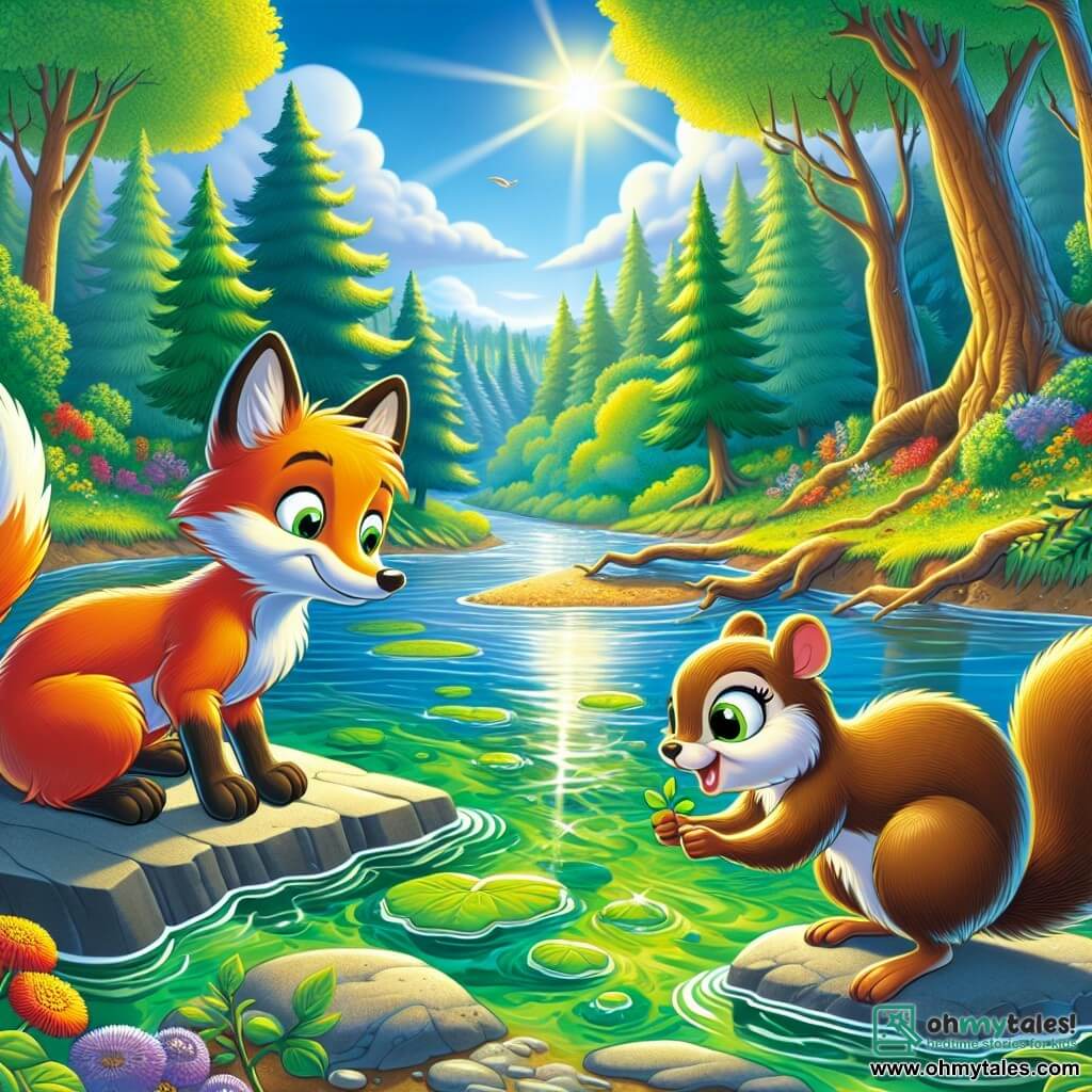 By a shimmering river, Finn the fox, a small fox with bright orange fur and sparkling curious eyes, watches the water's surface with a worried expression. He leans forward, his ears perked up, as he inspects the green algae covering the shore. Beside him, Tilly the squirrel, with her brown fur and bushy tail, nimbly climbs a branch, her face showing joyful determination. She holds a small seed in her paws, ready to plant it to help restore their environment. The setting is a vibrant forest, with majestic trees and bright green leaves, and wildflowers dancing in the wind. The river, though troubled by algae, reflects the clear blue sky and sunlight filtering through the branches. The main scene shows Finn and Tilly united in their mission to save their habitat, with Finn pointing his snout at the river while Tilly prepares to plant a seed, symbolizing their hope and determination to restore the beauty of the forest.