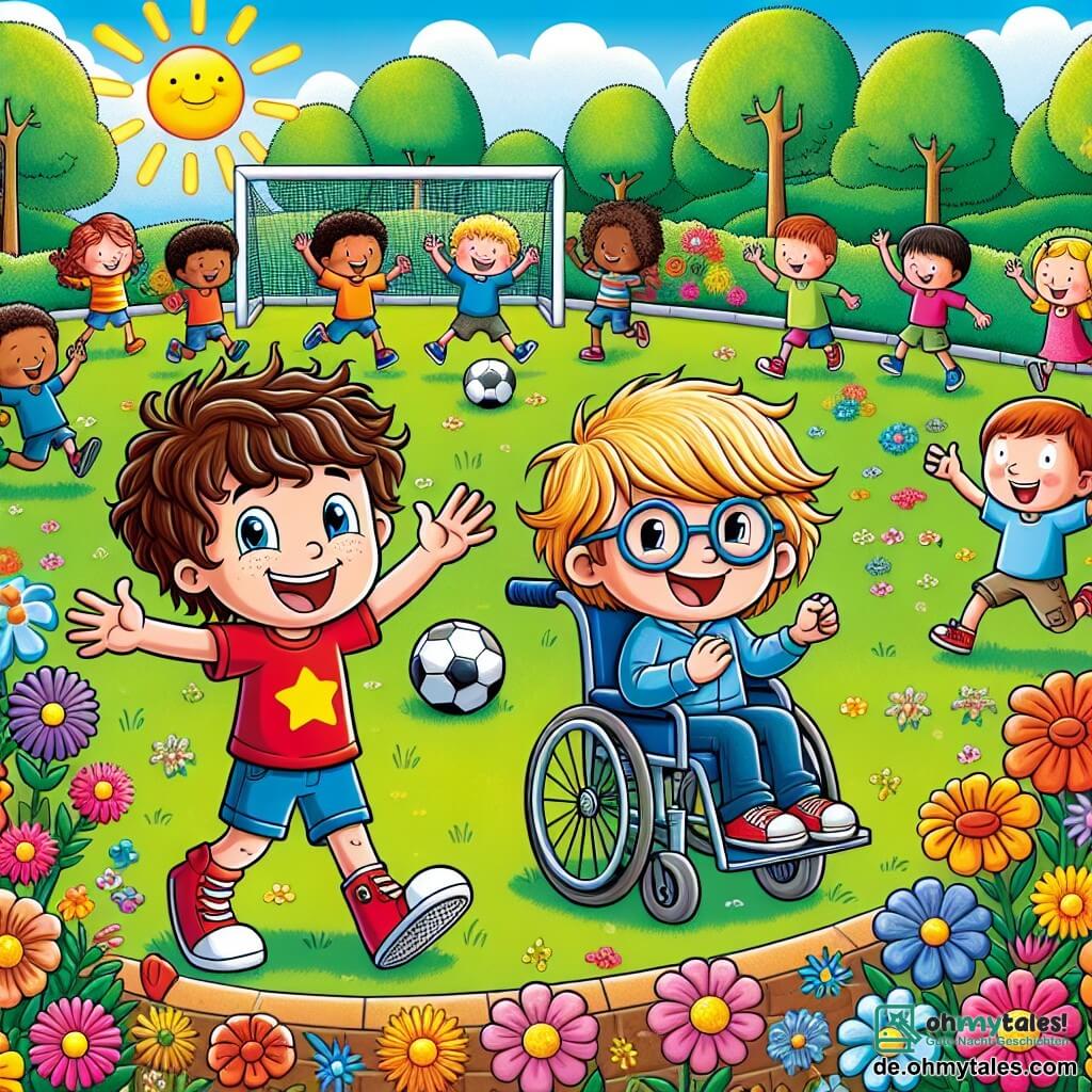 In einem sonnigen Park steht ein siebenjähriger Junge namens Max mit zerzausten braunen Haaren und einem roten T-Shirt neben seinem Freund Leo, einem Jungen mit blonden Haaren und Brille, der in einem eleganten blauen Rollstuhl sitzt. Max lächelt fröhlich, während Leo die Arme zur Ermutigung hebt. In der Nähe applaudiert Mia, ein Mädchen mit langen lockigen Haaren in einem rosa Kleid, begeistert. Sie ist von anderen Kindern umgeben, die Fußball spielen und mit strahlenden Gesichtern umherlaufen. Der Park ist voller bunter Blumen, großer grüner Bäume und eines strahlend blauen Himmels. Im Hintergrund haben eine Gruppe von Kindern Spaß daran, auf einer großen Tafel zu zeichnen und lebendige Farben und fröhliche Formen hinzuzufügen. Die Szene zeigt Max und Leo, vereint in Freundschaft, während sie die anderen Kinder ermutigen, gemeinsam zu spielen und ihre Unterschiede zu feiern, was das Thema Inklusion und Kameradschaft veranschaulicht.