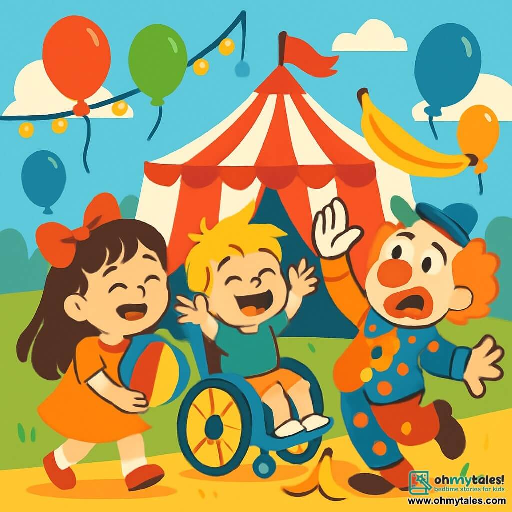 There are 3 characters: Mia, a 6-year-old girl with long brown hair and a big red bow on her head, smiling joyfully while holding a colorful balloon; Leo, a 7-year-old boy with messy blonde hair, sitting in a shiny, colorful wheelchair, laughing with his arms raised; and Bobo, a funny clown with a big red nose and wild hair, wearing a multicolored costume and holding a huge banana. Mia and Leo stand in front of Bobo, who is making a funny face. The setting is a vibrant circus with large red and white striped tents, twinkling lights, and floating balloons. Children are laughing and colorful animals are moving around, with the smell of popcorn and sweets in the air. The main scene shows Bobo slipping on a banana peel, sending the banana flying, while Mia and Leo burst into laughter, surrounded by the magic of the circus.