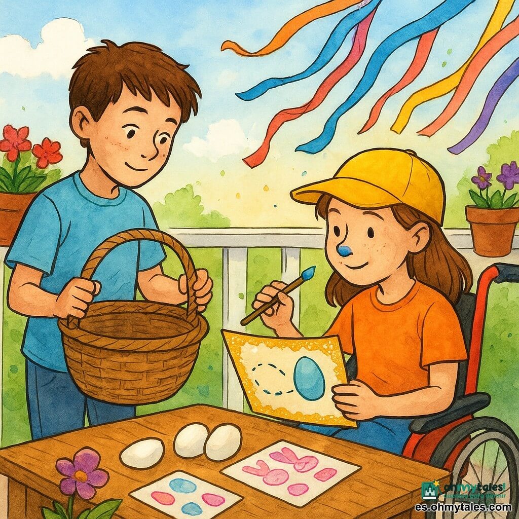 Dos niños de 8 años: Leo, chico de pelo castaño corto y pecas, con camiseta azul claro, sostiene con ambas manos una gran cesta de mimbre vacía; Mara, niña de piel clara con gorra amarilla y silla de ruedas de marco rojo, sostiene un pincel con una gota de pintura azul en la punta; están en un balcón soleado con barandilla blanca, macetas con flores rojas y violetas y cintas multicolores al viento; sobre la mesa hay huevos, pegatinas de conejos y una tarjeta con esquinas brillantes que destella como una campanilla; preparan una búsqueda de huevos de Pascua, la cesta espera a ser llenada, ambiente matinal alegre.