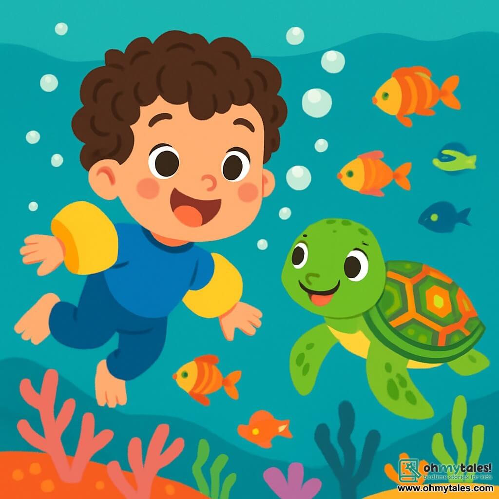 A 4-year-old boy named Leo, with curly hair and sparkling curious eyes, joyfully swims in turquoise water surrounded by shimmering bubbles. He wears a blue wetsuit and yellow floaties, his face radiating excitement and joy. Next to him is a friendly turtle named Tilly, with a green shell adorned with colorful patterns, smiling as she guides him through the underwater world. The background features a vibrant ocean filled with pink corals, colorful fish, and marine plants gently swaying with the waves. The main scene shows Leo and Tilly exploring an underwater path, where brightly scaled fish swim around them, creating a magical and adventurous atmosphere.