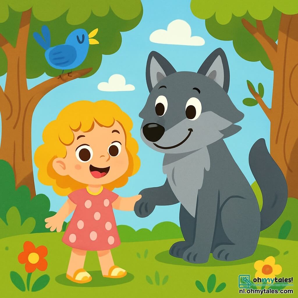 Een 4-jarig meisje, Lila, met grote sprankelende ogen en gouden krullend haar, glimlacht vrolijk terwijl ze de poot van een grote grijze wolf met een zachte vacht vasthoudt. Ze draagt een roze jurk met witte stippen en gele sandalen, en haar gezicht straalt nieuwsgierigheid en moed uit. De wolf, die vriendelijk lijkt, staat naast haar met een zachte blik en een warme glimlach. Op de achtergrond is een blauwe vogel te zien die op een tak zit en vrolijk zingt, met glanzende veren en ondeugende ogen. De lucht is helderblauw met donzige witte wolken. De scène speelt zich af in een prachtig toverbos, waar grote bomen met knoestige stammen en kleurrijke bloemen dansen in de wind. Zonne-stralen filteren door het loof en creëren dansende schaduwen op de met groen mos bedekte grond. Lila en de wolf staan in het midden van de scène, klaar om samen te spelen, wat een magisch moment illustreert waarin angst verandert in vriendschap.