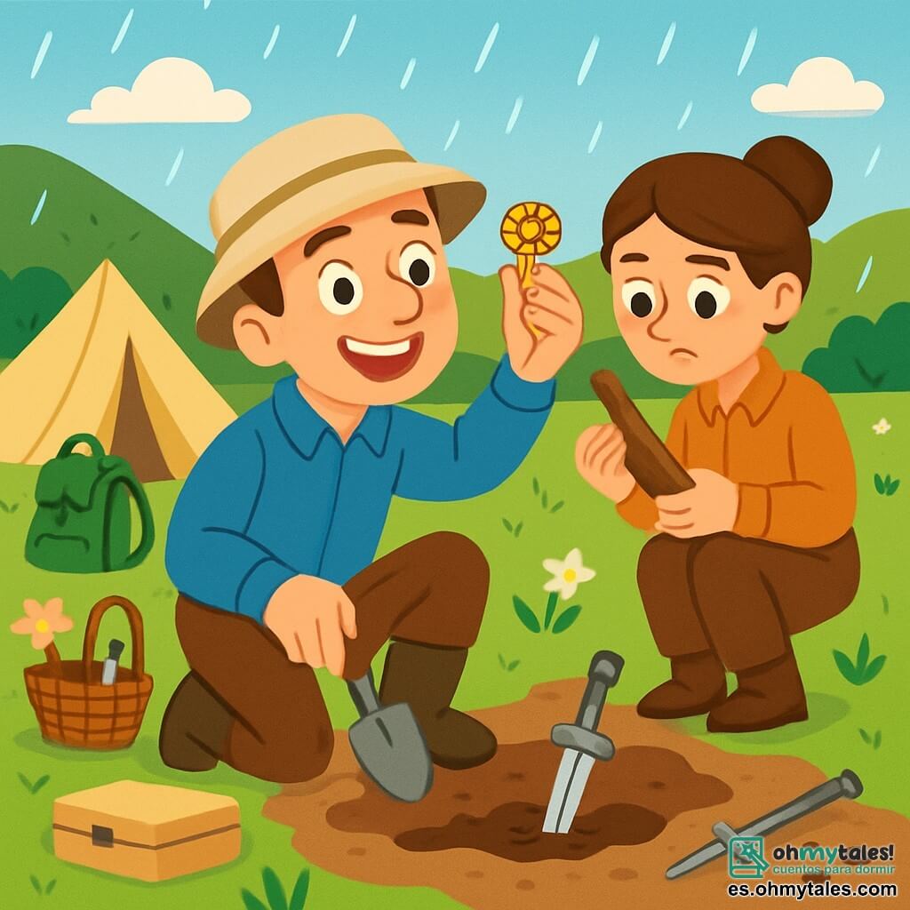 Un hombre arqueólogo, llamado Martín, está de rodillas en un campo verde, con una gran sonrisa de emoción en su rostro. Lleva un sombrero beige, una camisa de manga larga azul y botas resistentes. Sostiene una pequeña pala en una mano y una antigua broche en la otra, mirándola con asombro. A su lado, una mujer arqueóloga de unos 30 años, con el cabello castaño recogido en un moño, observa atentamente un trozo de madera que ha descubierto, con una mirada concentrada y curiosa. El lugar es un sitio arqueológico al aire libre, rodeado de suaves colinas y flores silvestres, con tiendas de campaña y herramientas esparcidas por el suelo. La escena principal muestra a Martín descubriendo un antiguo tesoro, una pequeña espada de metal, enterrada en la tierra, mientras la lluvia comienza a caer suavemente, creando una atmósfera de aventura y misterio.