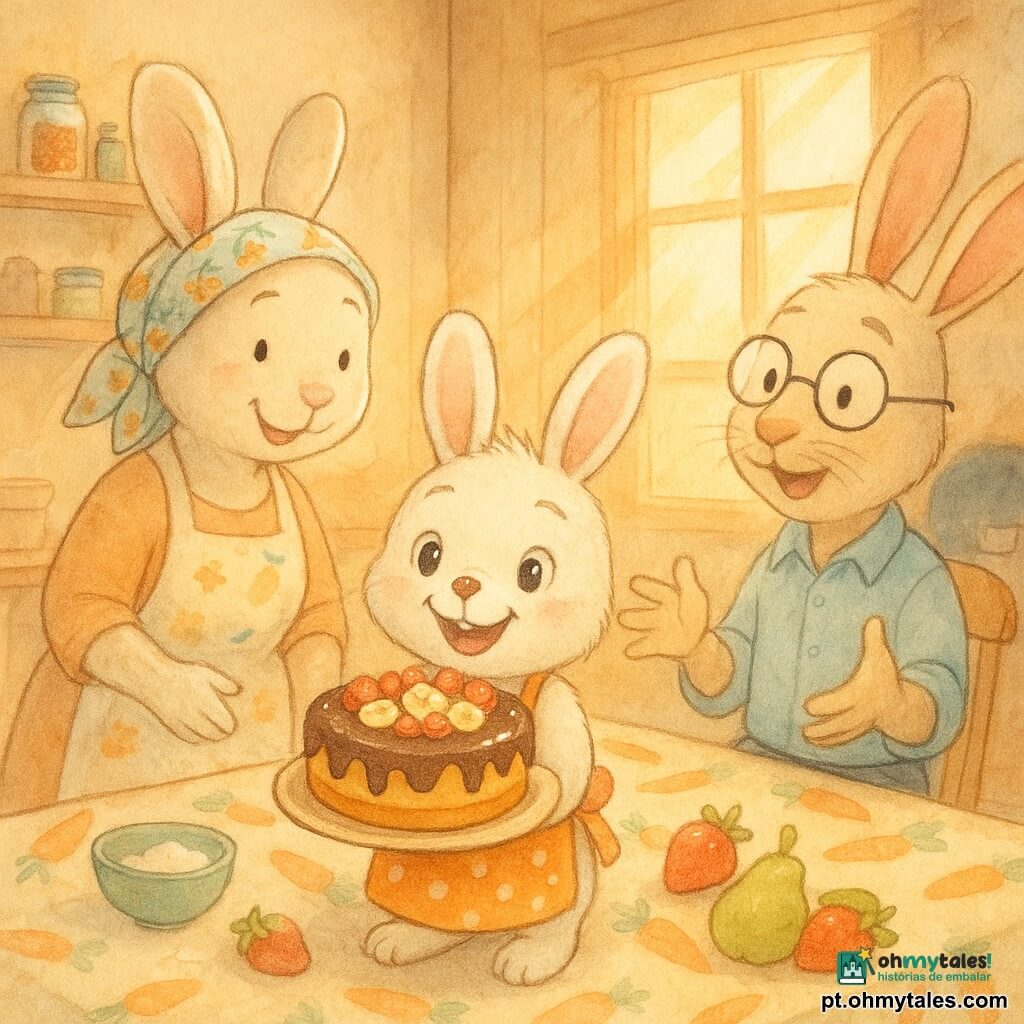 Personagem principal: um pequeno coelho (Bento), pelo branco e castanho claro, olhos brilhantes e sorriso largo, com um aventalinho às bolinhas laranja, segurando cuidadosamente um bolo redondo laranja e chocolate com uma gota de chocolate no nariz, ar entusiasmado e orgulhoso; personagem secundária: a mãe (Coelha Lídia), pelo creme, lenço floral no cabelo, avental florido, sorriso terno e mãos ainda com farinha, à esquerda do coelho, olhar encorajador; personagem secundário: o pai (Coelho Artur), coelho alto e magro com bigodes suaves e óculos redondos, sentado à direita da mesa, expressão surpresa e emocionada, braços semiabertos pronto para abraçar; local: cozinha-sala acolhedora em madeira clara, grande mesa com toalha de cenouras, forno aberto, raios de sol entrando pela janela, potes de especiarias e frutos dispostos ao redor do bolo; situação: entrega do bolo para o Dia dos Pais — Bento apresenta um bolo com cobertura de chocolate levemente escorrendo e círculo de morangos e bananas, atmosfera doce, alegre e íntima com gestos afetuosos e olhares cúmplices entre os três.