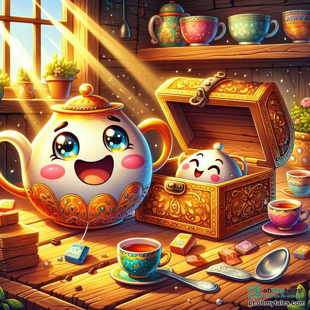 Um bule de chá sorridente, chamado Buli, está posicionado em uma mesa de madeira rústica, com padrões coloridos. Ele tem um rosto alegre, olhos brilhantes e uma pequena chaleira de prata ao seu lado, exalando uma calorosa amizade. Ao lado dele, uma pequena colher de prata chamada Coli, com um sorriso travesso e olhos cintilantes, observa com excitação um grande baú antigo de madeira, adornado com padrões dourados, que está aberto à sua frente. O local é uma cozinha acolhedora, cheia de luz suave, com prateleiras de madeira carregadas de xícaras coloridas e ervas aromáticas. Raios de sol filtram-se através de uma janela, iluminando partículas de poeira no ar. A cena principal mostra Buli e Coli descobrindo juntos um tesouro escondido repleto de xícaras magníficas e saquinhos de chá coloridos, com expressões de admiração e alegria em seus rostos, prontos para compartilhar sua descoberta com os amigos.