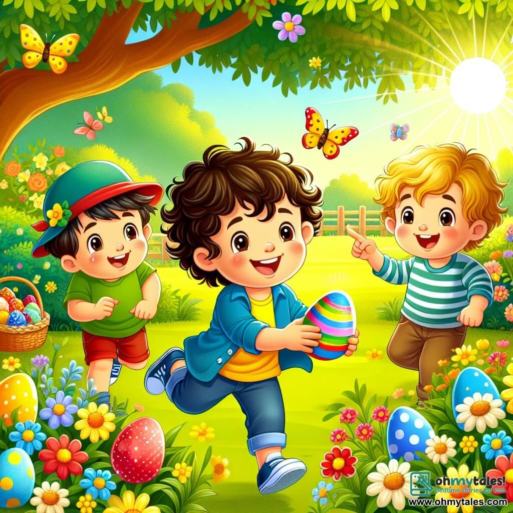 In a sunny garden, three boys are on an Easter egg hunt. Max, a 7-year-old with curly hair and a yellow t-shirt, is in the center, holding a colorful egg with a big smile. To his right, Leo, a 6-year-old with brown hair and sparkling eyes, jumps for joy while pointing at an egg hidden in the flowers. On the left, Sam, a 7-year-old with blonde hair and a blue t-shirt, crouches to pick up a shiny egg from the grass. The garden is filled with vibrant flowers, fluttering butterflies, and a large majestic tree in the background, under which lies a colorful picnic blanket. The three friends are following a series of mysterious clues to find hidden eggs, their faces glowing with excitement and curiosity, while a small squirrel watches them closely, intrigued by their adventure.