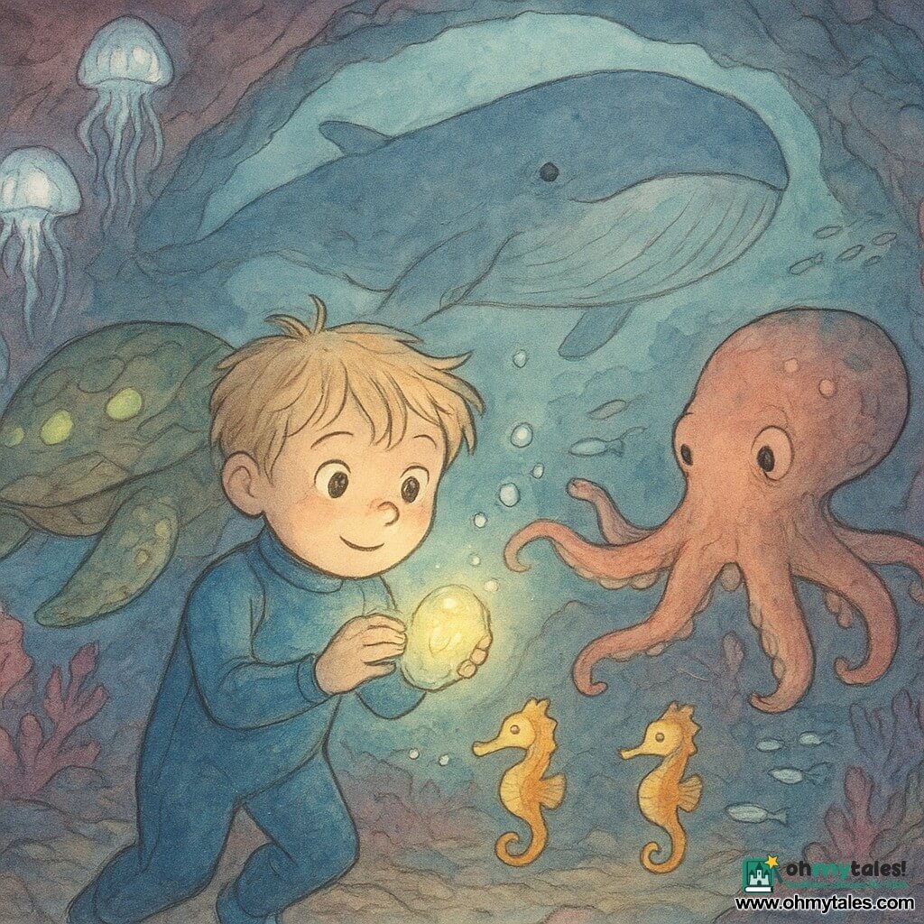An 8-year-old boy with a round face, tousled sandy blond hair and bright curious eyes wears a blue wetsuit and holds a small glowing stone to his chest; behind him swims Tula, an old sea turtle with a broad shell dotted in green and turquoise light, head tilted encouragingly. To his left floats Pippa, a friendly coral-pink octopus with translucent shiny suckers, reaching out to guide him; ahead, two slender glowing seahorses, Flick and Finn, in yellow and orange, form a luminous trail, while Moro, a gentle blue-gray whale, looms in the background half-hidden by seaweed mist with a silent smiling mouth. They are in a passage beneath an old fishing shed turned underwater cavern—pink and purple coral walls, floating fluorescent jellyfish like lanterns, swaying seagrass and schools of silver fish—where the boy descends a rocky stair toward a bright coral arch and the stone intensifies its glow as silver bubbles rise and the animals gather around him in a warm, lively composition.