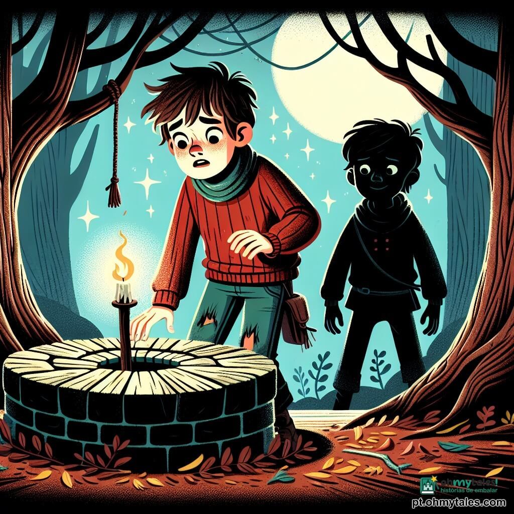 Um garoto de 12 anos, com cabelos castanhos bagunçados e olhos arregalados de medo, está à beira de um velho poço de pedra, seu rosto pálido iluminado pela luz de uma chama tremulante. Ele usa um suéter vermelho desgastado e uma calça jeans rasgada, suas mãos trêmulas segurando um velho candelabro. Ao seu lado, uma sombra amigável, a de um garoto da mesma idade, com cabelos negros e um sorriso tranquilizador, o encoraja a avançar, mantendo-se um pouco atrás, pronto para apoiá-lo. O lugar é uma floresta escura e nebulosa, onde grandes árvores com troncos retorcidos se erguem, suas ramificações formando silhuetas inquietantes contra o céu estrelado. Folhas secas cobrem o chão e uma leve névoa se eleva do solo, criando uma atmosfera misteriosa e ligeiramente assustadora. A situação principal mostra o garoto hesitante em abrir a tampa do poço, enquanto uma voz misteriosa parece sussurrar da escuridão abaixo, criando uma tensão palpável no ar.