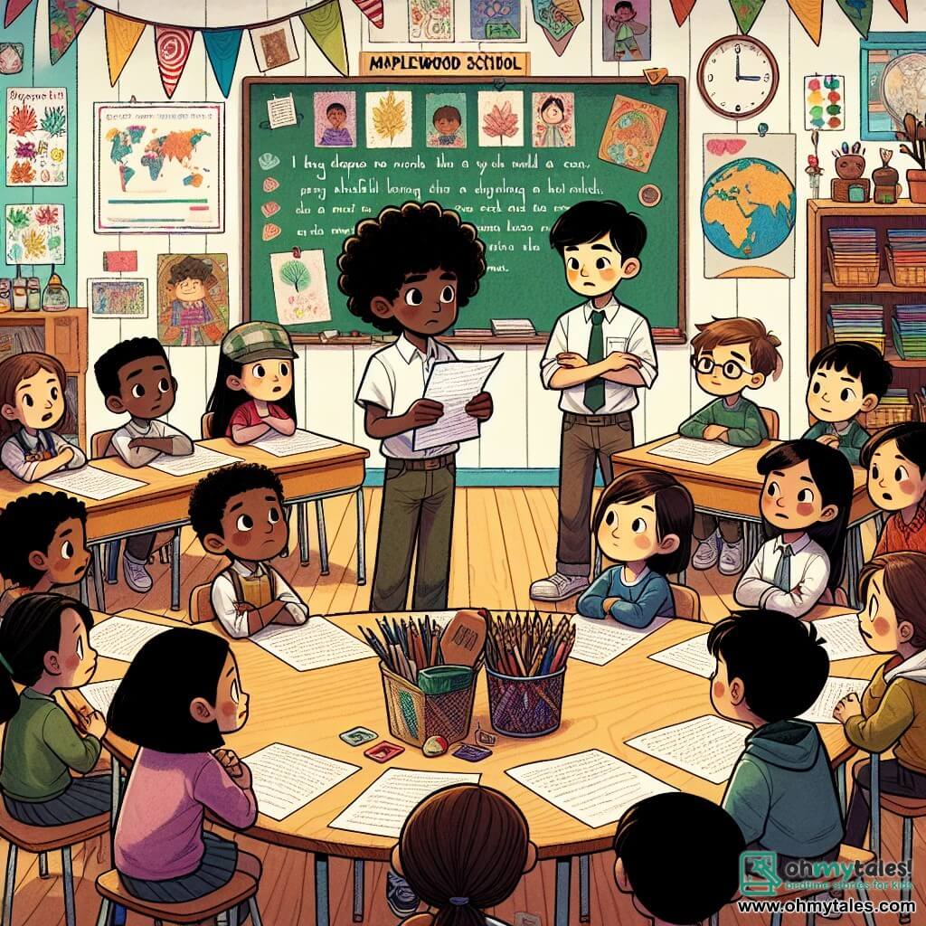 A 9-year-old boy, Ethan, with curly black hair and sparkling curious eyes, stands in the center of the image, looking determined yet a bit sad, holding a crumpled note in his hand. Next to him is his best friend Mia, a 9-year-old girl with straight short hair, smiling and full of energy, encouraging him with a friendly look. In the background, classmates of diverse backgrounds observe the scene with expressions of empathy and support. The setting is a colorful classroom at Maplewood School, with walls adorned with children's drawings and a large blackboard. Wooden tables are arranged in a circle, and art supplies are scattered across the tables, creating a warm and welcoming atmosphere. The main situation shows Ethan and Mia discussing the hurtful note Ethan found in his bag, surrounded by their classmates who are listening attentively, ready to support their friend and learn to fight against racism together.