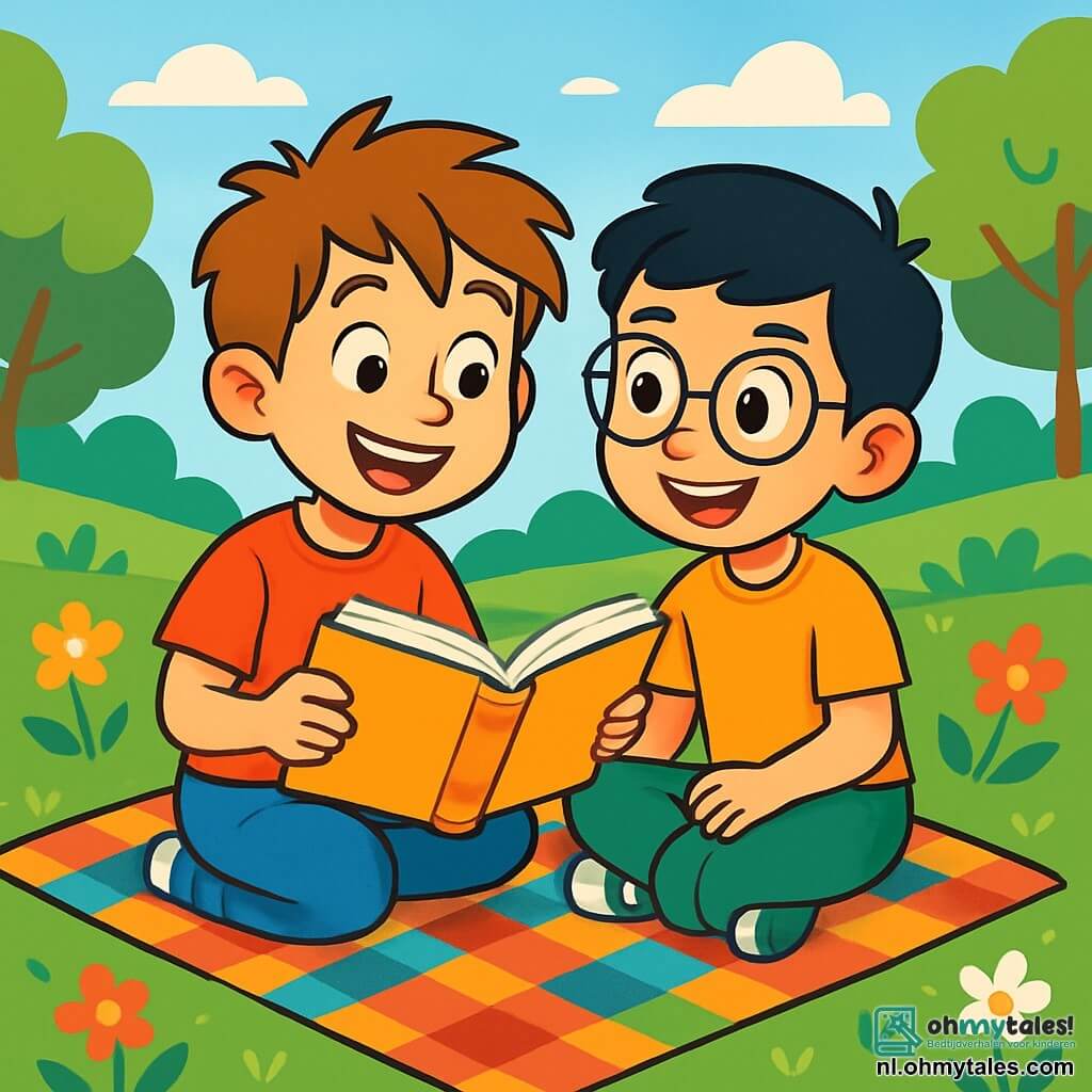 Een 10-jarig jongetje, Tom, met rommelig kastanjebruin haar en nieuwsgierige ogen, glimlacht vrolijk terwijl hij een open boek in zijn handen houdt. Naast hem kijkt Amir, een 10-jarig jongetje met zwart haar en ronde brillen, aandachtig naar het boek, zijn ogen stralend van opwinding. Ze zitten allebei op een kleurrijke geruite deken, omringd door groen, in een zonnig park waar de kleurrijke bloemen in de wind dansen. De scène straalt een sfeer van vriendschap en vreugde uit terwijl ze samen verhalen delen en lachen, wat de schoonheid van hun nieuwe vriendschap illustreert.