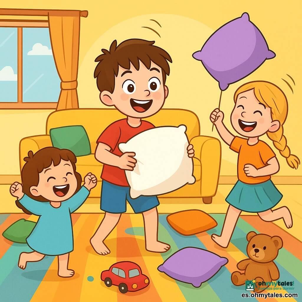 Un niño de 8 años, con cabello castaño desordenado y ojos brillantes de travesura, se encuentra en el centro de la escena, sonriendo con emoción. Lleva una camiseta roja y un pantalón corto azul, agitando una gran almohada suave. A su derecha, su hermana de 10 años, con largos cabellos rubios trenzados y una sonrisa pícara, corre riendo, sosteniendo otra almohada violeta. A su izquierda, su hermana pequeña de 5 años, con rizos castaños y una pequeña mantita azul, los sigue riendo, con los brazos levantados. La escena tiene lugar en una sala luminosa, con una gran alfombra colorida, cojines esparcidos y juguetes desordenados, creando un ambiente alegre y caótico. La situación principal muestra a los tres niños en plena batalla de almohadas, riendo a carcajadas, mientras las almohadas vuelan por los aires y la atmósfera está llena de alegría y energía.
