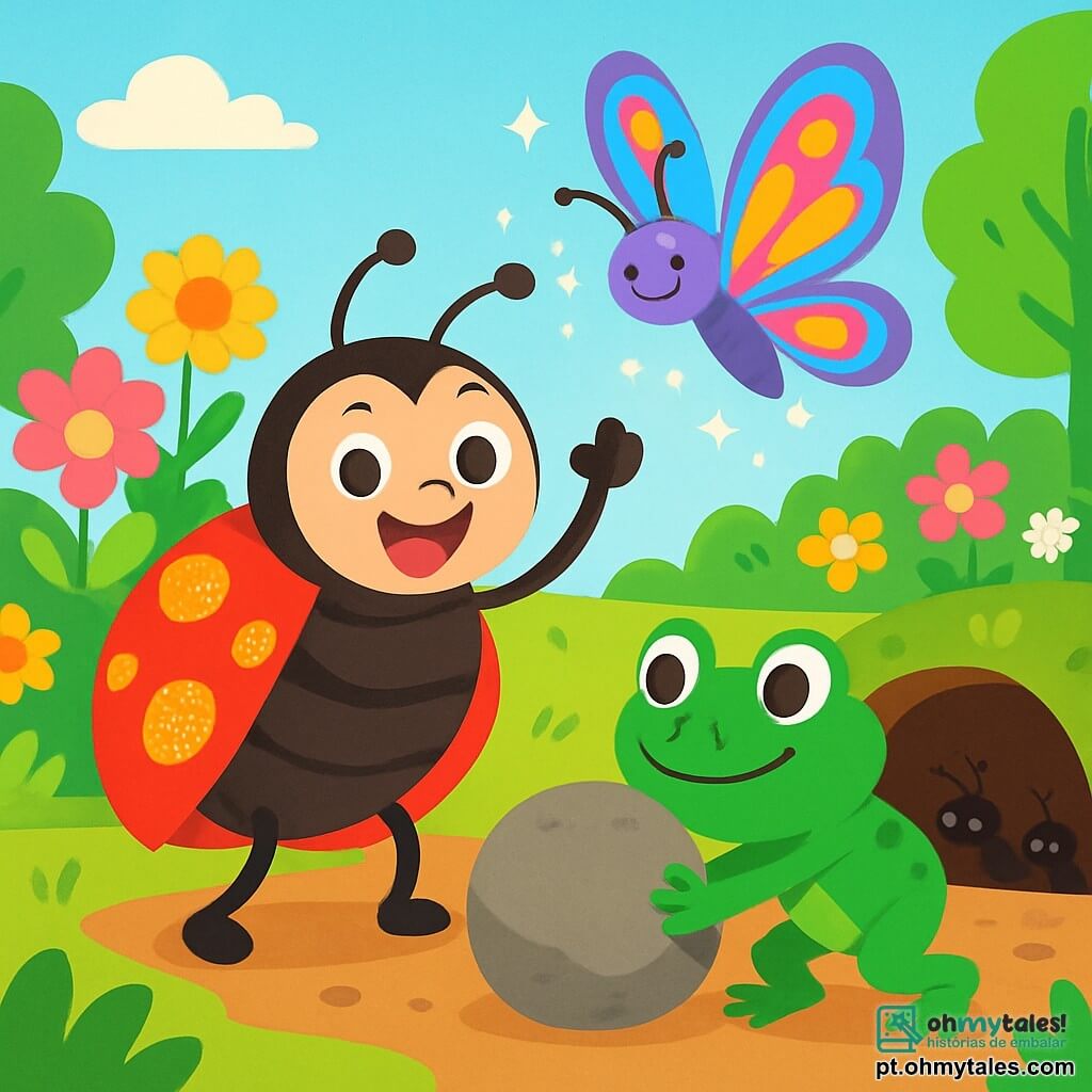 Uma joaninha alegre com asas vermelhas salpicadas de brilhantes manchas douradas, sorridente e cheia de energia, está no centro da imagem, levantando uma pata para encorajar seus amigos. À sua direita, um pequeno sapo verde chamado Tito, com grandes olhos redondos e um sorriso amigável, empurra uma grande pedra com todas as suas forças. À sua esquerda, uma linda borboleta de asas multicoloridas, emitindo reflexos iridescentes, voa acima deles, agitando suas asas para dispersar a poeira. Ao fundo, um jardim luxuriante cheio de flores vibrantes, grandes árvores verdejantes e um túnel de terra onde se escondem formigas inquietas. A cena mostra Lulu e seus amigos trabalhando juntos com entusiasmo para desobstruir o túnel, ilustrando o espírito de cooperação e camaradagem.