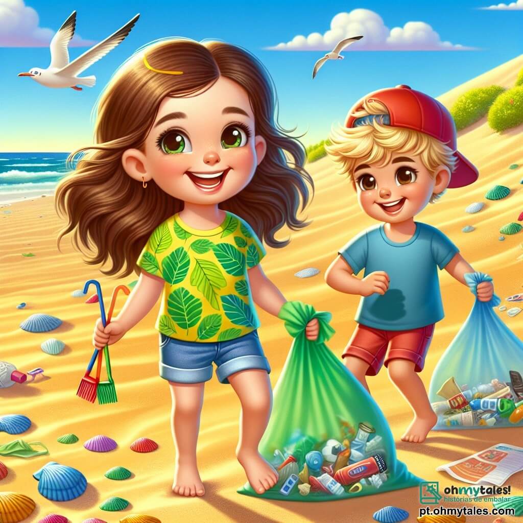 Uma menina de 8 anos, Clara, com longos cabelos castanhos e olhos brilhantes, sorri alegremente segurando um saco de lixo colorido nas mãos. Ela usa uma camiseta verde vibrante com um padrão de folha e um short jeans, mostrando seu entusiasmo pela proteção do meio ambiente. Ao lado dela, seu amigo Lucas, também de 8 anos, com cabelos loiros bagunçados e um grande sorriso, coleta lixo na areia, usando um boné vermelho e uma camiseta azul. A cena acontece em uma praia ensolarada, com ondas suaves quebrando na costa, conchas coloridas espalhadas na areia dourada e dunas de areia verdejantes ao fundo. Gaivotas voam no céu azul claro, adicionando vida ao ambiente. Clara e Lucas estão em plena ação, determinados a limpar a praia, cercados por sacos de lixo cheios de plástico e papéis. Suas expressões mostram grande satisfação e orgulho por cumprir uma missão importante para a natureza.
