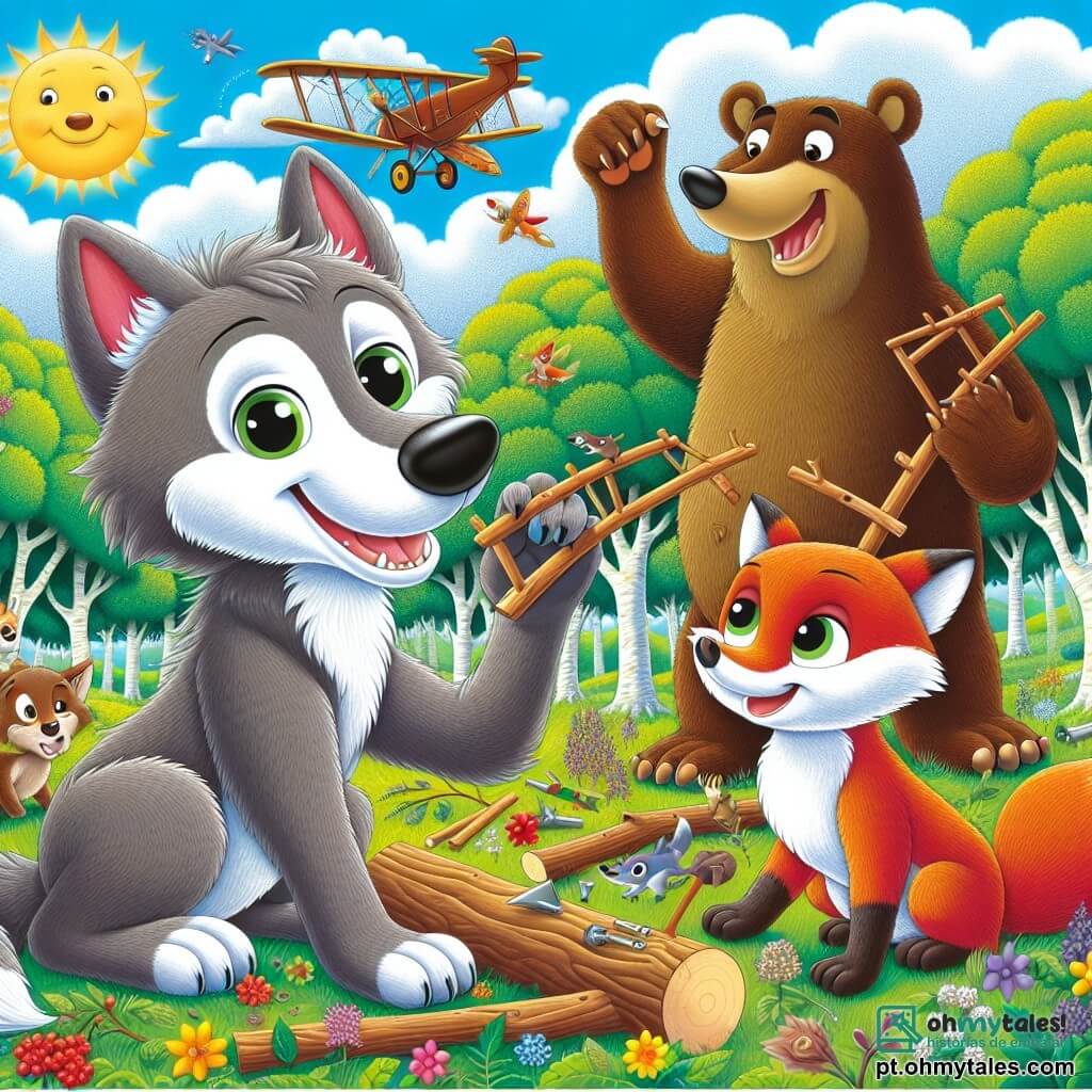 Um lobo chamado Lucas, com pelagem cinza e olhos brilhantes de curiosidade, está no centro da imagem, sorrindo amplamente enquanto monta uma máquina voadora feita de galhos e folhas. Ao seu lado, Benny, um urso pardo massivo com um rosto amigável e olhos suaves, segura um pedaço de madeira, pronto para ajudar seu amigo. Rita, uma raposa astuta com pelagem ruiva brilhante e olhos travessos, se inclina para frente, observando atentamente o trabalho de Lucas, com um sorriso cúmplice no rosto. A cena ocorre no topo de uma colina verdejante, cercada por árvores majestosas com folhas brilhantes, sob um céu azul salpicado de nuvens brancas fofas. Flores coloridas e pequenos animais curiosos se escondem na grama, adicionando um toque de vida ao ambiente. Lucas e seus amigos estão preparando sua máquina para um voo inaugural, cheios de excitação e antecipação, enquanto o sol brilha, iluminando sua aventura alegre na floresta encantada.