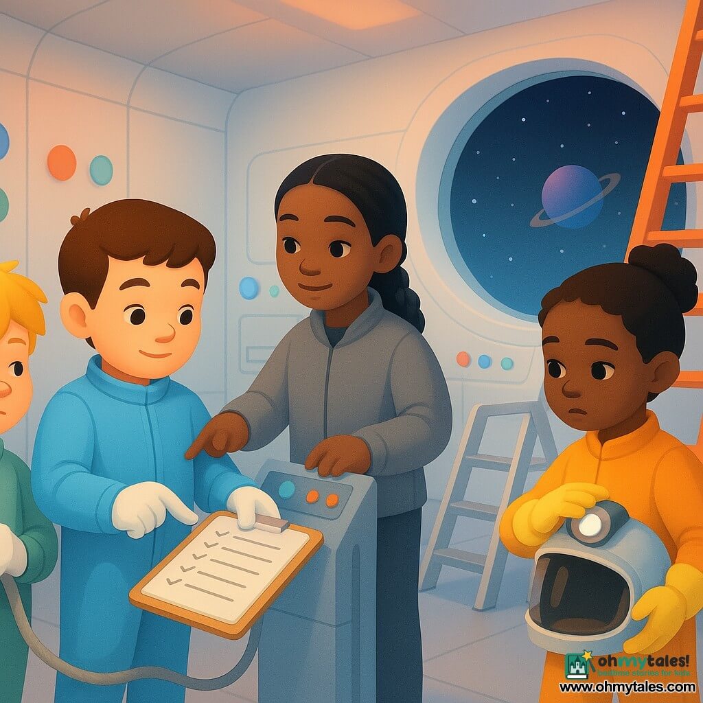 Ben, a childlike boy about 8 with a round face, short brown hair, a gentle smile and focused look, wears a light blue spacesuit with white gloves, holds a notebook and points to an open checklist; Mia, about 10 with braided black hair and a calm, kind expression, wears a gray instructor jacket, stands by Ben and points to the control panel; Luca, about 8 with tousled blond hair and a slightly disappointed but determined face, wears a green spacesuit, holds a tether and stands left of Ben; Noor, about 8 with brown skin and tied curly hair, looks thoughtful, wears yellow gloves and checks a helmet lamp at the group's right; they are in a large white training-ship–like room with smooth walls, round colored buttons, soft salmon and blue lights, and a painted round window showing stars and a small planet; the children calmly prepare to repair an imaginary antenna: a shiny metal ladder is set, a large orange ladder-stair is in the background, the tether is taut, and their movements are precise and cooperative.