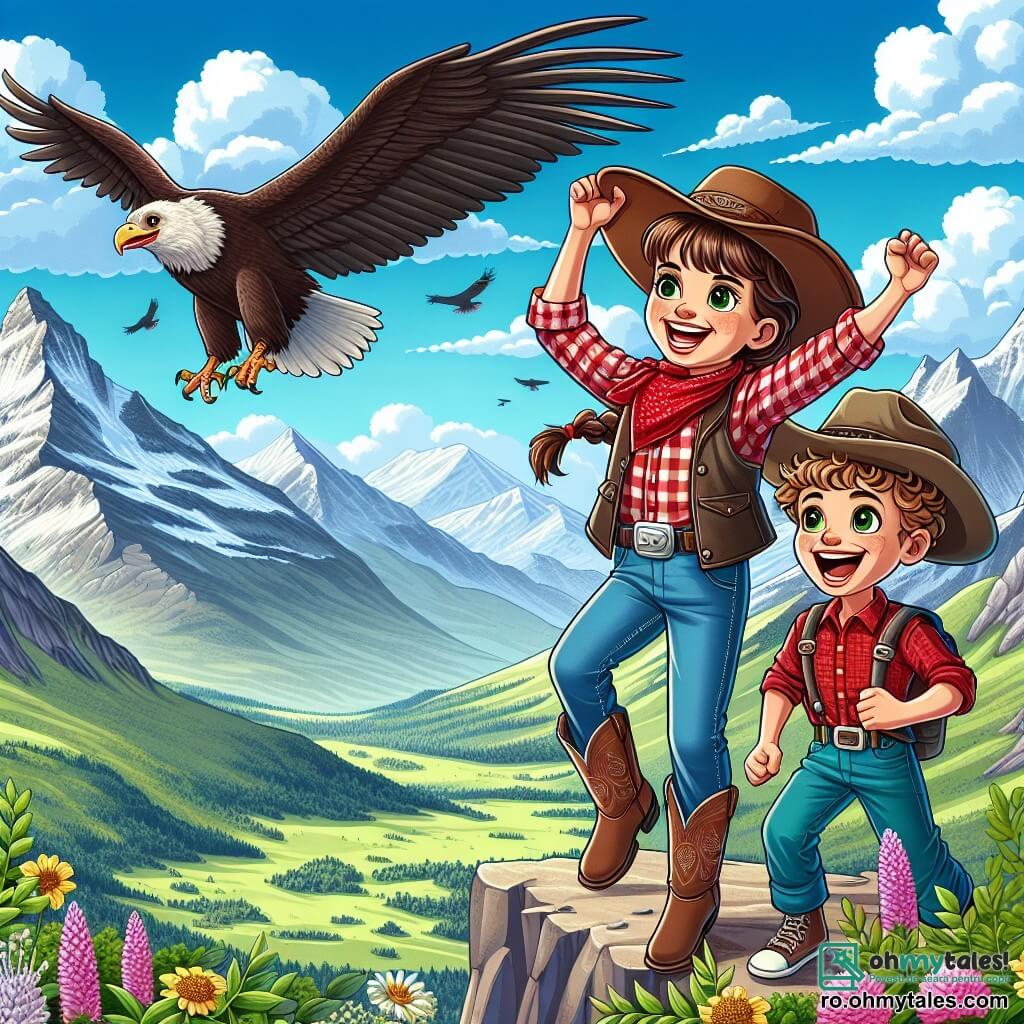 Clara, o fetiță curajoasă de aproximativ 10 ani, poartă o pălărie mare de cowboy, o cămașă în carouri roșii și o vestă din piele. Are părul brun prins într-o împletitură și un zâmbet larg pe față, exprimând entuziasm și determinare. Ea stă în picioare pe un vârf de munte, cu brațele ridicate în semn de victorie, privind spre orizont. Lângă ea se află Tim, un băiat de 10 ani cu părul creț și o șapcă de cowboy. El sare de bucurie, cu ochii strălucind de entuziasm, stând puțin în spate, admirând peisajul. Peisajul este spectaculos: munți măreți cu vârfuri acoperite de zăpadă se ridică în fundal, iar o vale verde se întinde în jos, presărată cu flori sălbatice colorate. Cerul este de un albastru strălucitor, cu câteva nori albi pufoși. Clara și Tim descoperă un vultur majestuos care plutește deasupra lor, gata să-i conducă spre o aventură incredibilă. Fețele lor sunt iluminate de uimire, în timp ce stau pe marginea stâncii, pregătiți să exploreze misterul munților.