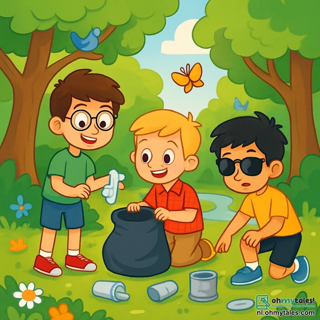 Er zijn 3 personages: - Tim: een 10-jarig jongen met bruin haar en ronde bril. Hij draagt een groene t-shirt en een blauwe short. Hij staat, glimlachend, een afvalstuk op te rapen met één hand. - Sam: een 9-jarig jongen met blond haar en sproeten. Hij draagt een rood geruit shirt en beige broek. Hij is in een hurkende positie, met een vuilniszak in de hand, klaar om afval erin te doen. - Joep: een 10-jarig jongen met zwart haar en een zonnebril. Hij draagt een gele t-shirt en een zwarte short. Hij wijst naar een afvalstuk op de grond, met een nieuwsgierige blik. De locatie is een mooie open plek in het hart van een groene bos. Grote bomen met schitterende groene bladeren omringen de ruimte, en een zachte zonnestraal filtert door de takken. In het midden glinstert een kleine beek, en kleurrijke bloemen bedekken de grond, wat een vleugje magie aan de scène toevoegt. De hoofdactie toont de drie vrienden die de open plek aan het schoonmaken zijn, afval oprapend en trots glimlachend. Ze zijn vastbesloten om de natuur te beschermen, en de sfeer is vrolijk en vol hoop, met vogels die zingen in de bomen en vlinders die om hen heen fladderen.