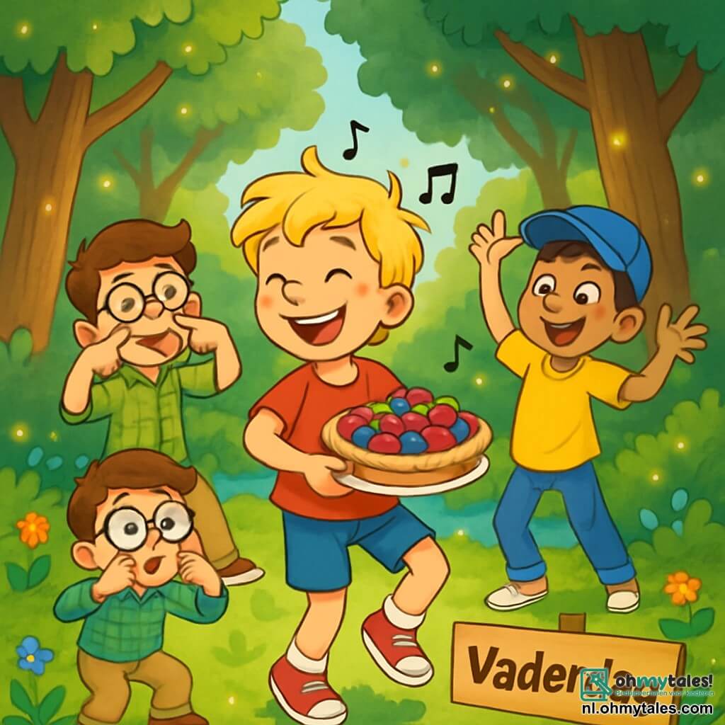 Er zijn 4 kinderen: Finn, een 10-jarig meisje met messy blond haar en sprankelende ogen, in het midden, glimlachend en enthousiast dansend in een rode t-shirt en blauwe short; Sam, een 9-jarig jongen met bruin haar en ronde bril, links van Finn, maakt een grappige gezichtsuitdrukking in een groen geruit overhemd en beige broek; Lucas, een 10-jarig jongen met zwart haar en een blauwe pet, rechts van Finn, maakt een komische gebaar met zijn armen in een gele t-shirt en spijkerbroek; Daan, een 9-jarig jongen met rood haar en sproeten, achter Finn, lacht en applaudisseert in een oranje t-shirt en groene short. De scène speelt zich af in een betoverende open plek in een weelderig bos, omringd door majestueuze bomen en kleurrijke bloemen, met een glinsterend beekje op de achtergrond en dansende vuurvliegjes in de lucht. De kinderen bereiden een verrassing voor Vaderdag voor, dansend en grimas makend, terwijl ze een prachtige taart met glanzend fruit en felle kleuren vasthouden, wat hun vreugde en saamhorigheid symboliseert.
