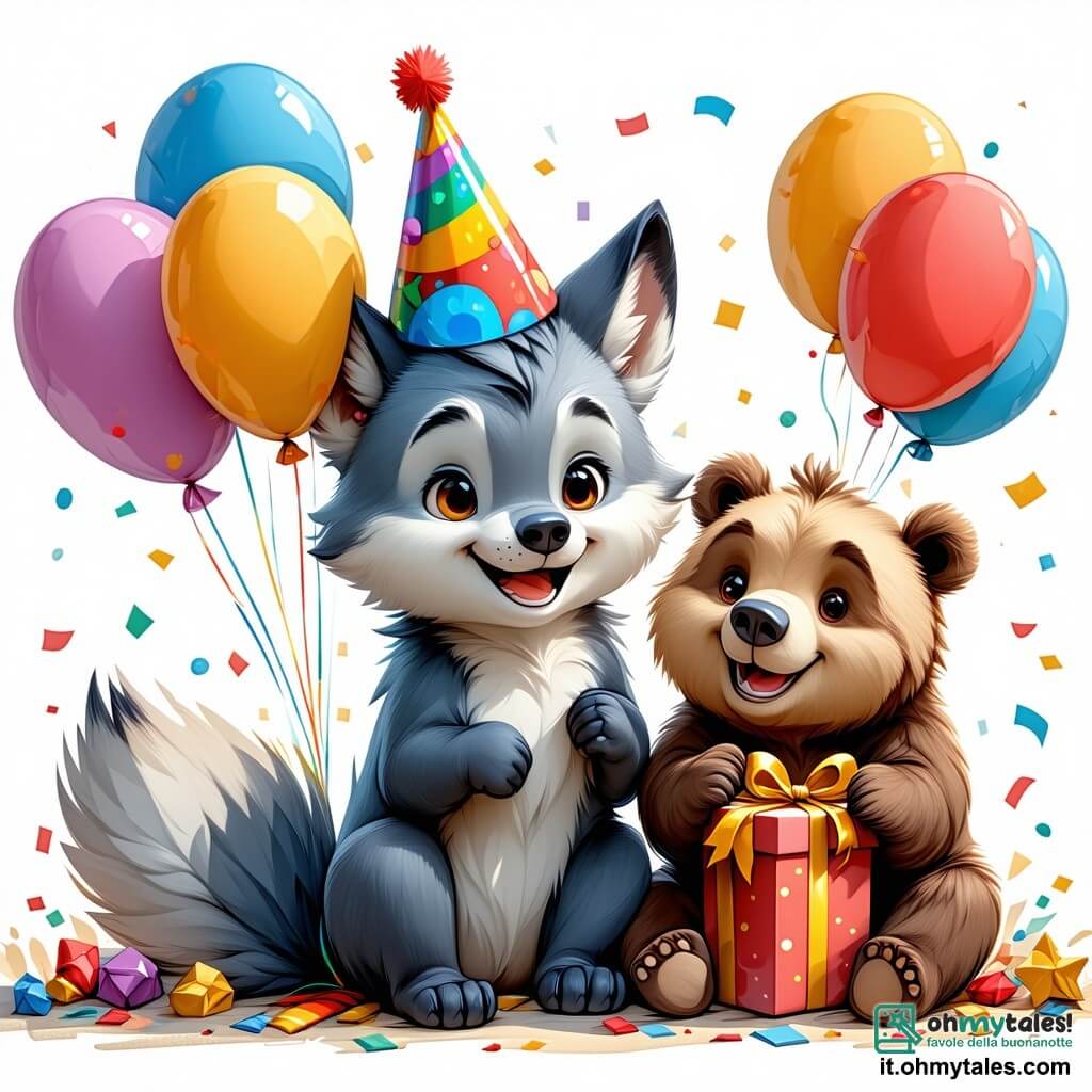 Un piccolo lupo di nome Lupoletto, con un morbido pelo grigio e occhi scintillanti di gioia, indossa un cappello colorato e tiene palloncini multicolori. Sorride ampiamente, circondato dai suoi amici. Accanto a lui, un orso bruno di nome Bruno, con un pelo setoso e un grande sorriso, tiene un grosso regalo tra le zampe, guardando Lupoletto con ammirazione. Più lontano, una volpe rossa di nome Vicky, con una coda folta e occhi maliziosi, danza gioiosamente, le orecchie ritte, piena di eccitazione. La scena si svolge in un parco incantato, pieno di fiori vivaci, grandi alberi verdi e giostre colorate che brillano sotto il sole. Lupoletto soffia sulle candeline della sua grande torta di compleanno, circondato dai suoi amici che cantano felici. Risate e gioia riempiono l'aria, mentre scintille di magia fluttuano intorno a loro, rendendo questo momento indimenticabile.