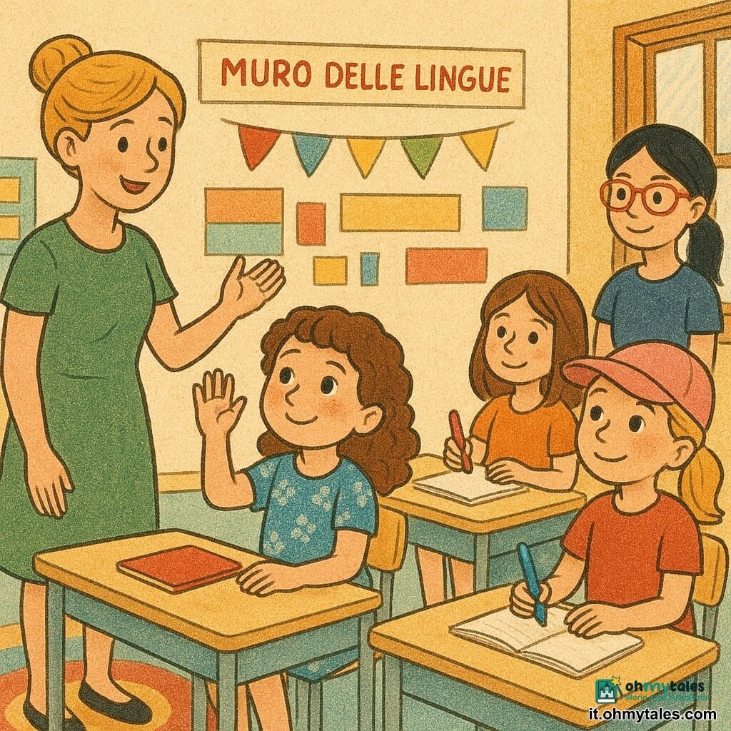 Ci sono 5 personaggi: Emma, bambina di circa 6 anni, capelli castani ricci, vestito a fiori blu, seduta in prima fila a sinistra che alza timidamentela mano con il volto arrossato; Sofia, circa 6 anni, capelli biondi a treccia, cappellino rosa, seduta a destra di Emma che la guarda sorridendo tenendo una matita blu; Giulia, circa 6 anni, capelli castani lisci, sorriso timido, seduta dietro Emma che giocherella con dei pennarelli rossi; Marta, circa 7 anni, capelli neri raccolti, occhiali rossi, in piedi vicino alla finestra a destra a osservare con benevolenza; l'insegnante Anna, donna di circa 30 anni, capelli biondi raccolti a chignon, vestito verde, in piedi davanti alla classe a sinistra con le braccia aperte e un sorriso dolce. L'aula è luminosa con pannelli colorati, un grande tappeto rotondo al centro, banchi in legno pastello, un "muro delle lingue" con banderine e parole colorate e grandi finestre che lasciano entrare una luce dorata. Situazione: scena calorosa di rientro in classe, Emma chiede di andare in bagno mentre gli altri la circondano incoraggianti e l'insegnante risponde sorridendo; colori vivaci, tratti morbidi e contorni netti.