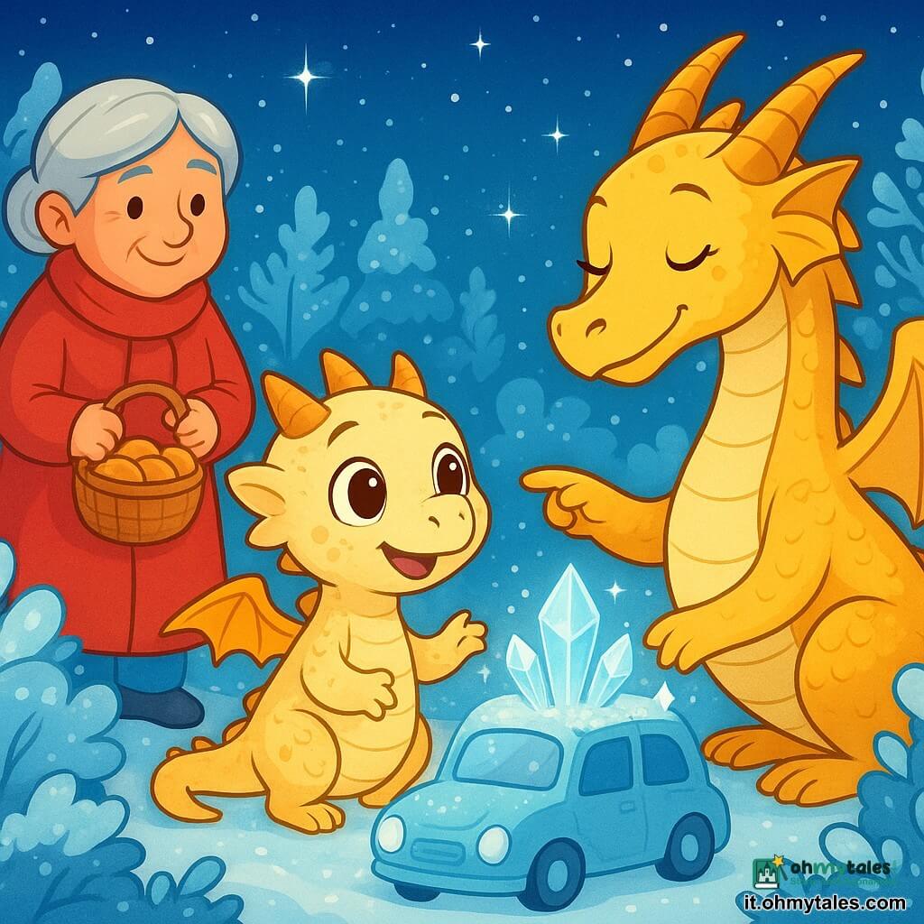 Un piccolo drago dalle squame color crema, con grandi occhi curiosi e un sorriso stupito, si trova in mezzo a un giardino d'inverno scintillante, osservando i cristalli di brina su un'auto. Accanto a lui, la sua mamma, una draghessa dolce con squame dorate e ali delicate, sorride teneramente mentre gli mostra le meraviglie dell'inverno. Sullo sfondo, la vicina, la vecchia signora Lina, con capelli argentati e un cappotto rosso, tiene un barattolo di biscotti, guardando la scena con benevolenza. Il giardino è coperto da un sottile strato di neve scintillante, gli alberi sono ornati di brina luccicante e il cielo è di un blu profondo, punteggiato di stelle scintillanti. La scena principale mostra il piccolo drago stupito dalla bellezza dell'inverno, condividendo un momento caldo con la mamma e la vicina, tutti uniti dalla magia della stagione.