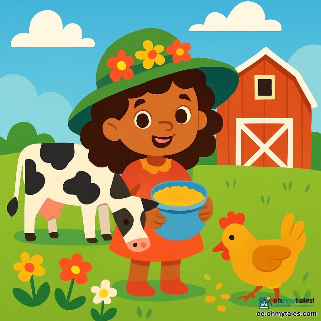 Mia, ein junges Mädchen mit braunen, lockigen Haaren, trägt einen großen grünen Hut, der mit bunten Blumen geschmückt ist. Sie hat ein strahlendes Lächeln und funkelnde Augen vor Freude, während sie inmitten eines grünen Feldes steht, umgeben von Wildblumen. Neben ihr grast eine schwarz-weiße Kuh friedlich das Gras. Ein Huhn mit goldenen Federn pickt neugierig den Boden. Im Hintergrund steht eine rote Scheune mit weißen Fensterläden unter einem strahlend blauen Himmel, der mit fluffigen weißen Wolken übersät ist. Mia bereitet sich darauf vor, die Tiere zu füttern, während sie einen Eimer mit Körnern in der Hand hält, voller Aufregung und Glück.