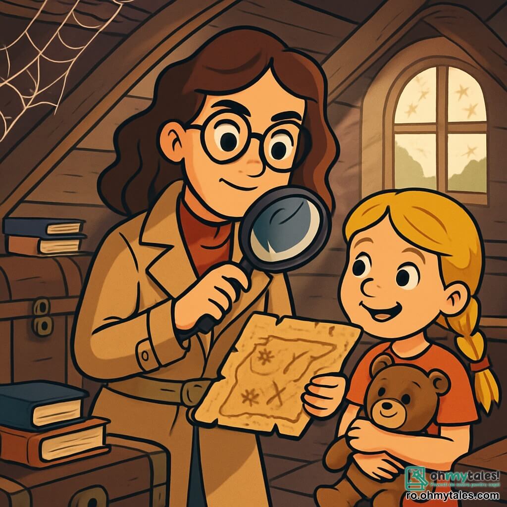 O detectivă, Vera, de aproximativ 30 de ani, cu părul ondulat și brunet și ochelari rotunzi, stă în centrul scenei, având un aer hotărât și curios. Ea poartă un trench bej și ține o lupă în mâna dreaptă, examinând o hartă veche cu detalii intrigante. Lângă ea, o fetiță, Ilinca, de 8 ani, cu părul blond împletit și un zâmbet jucăuș, se uită cu fascinație la hartă, strângând un ursuleț de pluș în brațe. Mediul lor este un pod vechi și prăfuit, plin cu valize vechi, cărți îngrămădite și pânze de păianjen, cu o lumină blândă care pătrunde printr-o fereastră murdară, creând o atmosferă misterioasă. Situația principală îi arată pe Vera și Ilinca în plină anchetă, descoperind indicii ascunse în pod, înconjurate de emoția de a rezolva un mister.