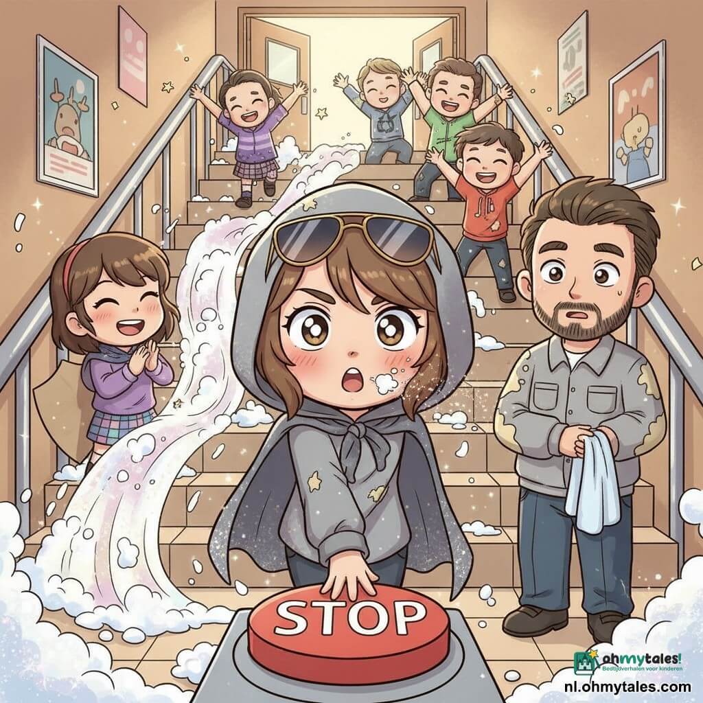 Een jonge vrouw (Nova) staat centraal, met een verbaasd maar moedig gezicht, grote glanzende ogen en blozende wangen; ze niest een wolkje gouden glitters uit haar mouw terwijl ze vastberaden op een grote rode knop met "STOP" drukt; links applaudisseert een meisje van ongeveer 10 (Dana) met kort bruin haar en een kleurrijke outfit en glijdt zachtjes op een schuimgolf met glitters vanaf een trap, rechts staat een onderhoudsman van circa 40 met een met schuim bevlekte jas en een handdoek, opgelucht en verbaasd kijkend naar Nova; op de achtergrond glijden gestileerde chibi-volwassenen en kinderen lachend op schuimige traptreden vol roze- en goudreflecties, met fonkelende sterretjes en confetti-achtige spatten; binnentrap met beige tegels, glanzende metalen leuningen en zachte verlichting van een open deur boven; dynamische, komische scène in heldere kleuren, nette lijnen, zachte glanzende texturen en overdrijvende schattige expressies, compositie gericht op Nova en de rode knop.