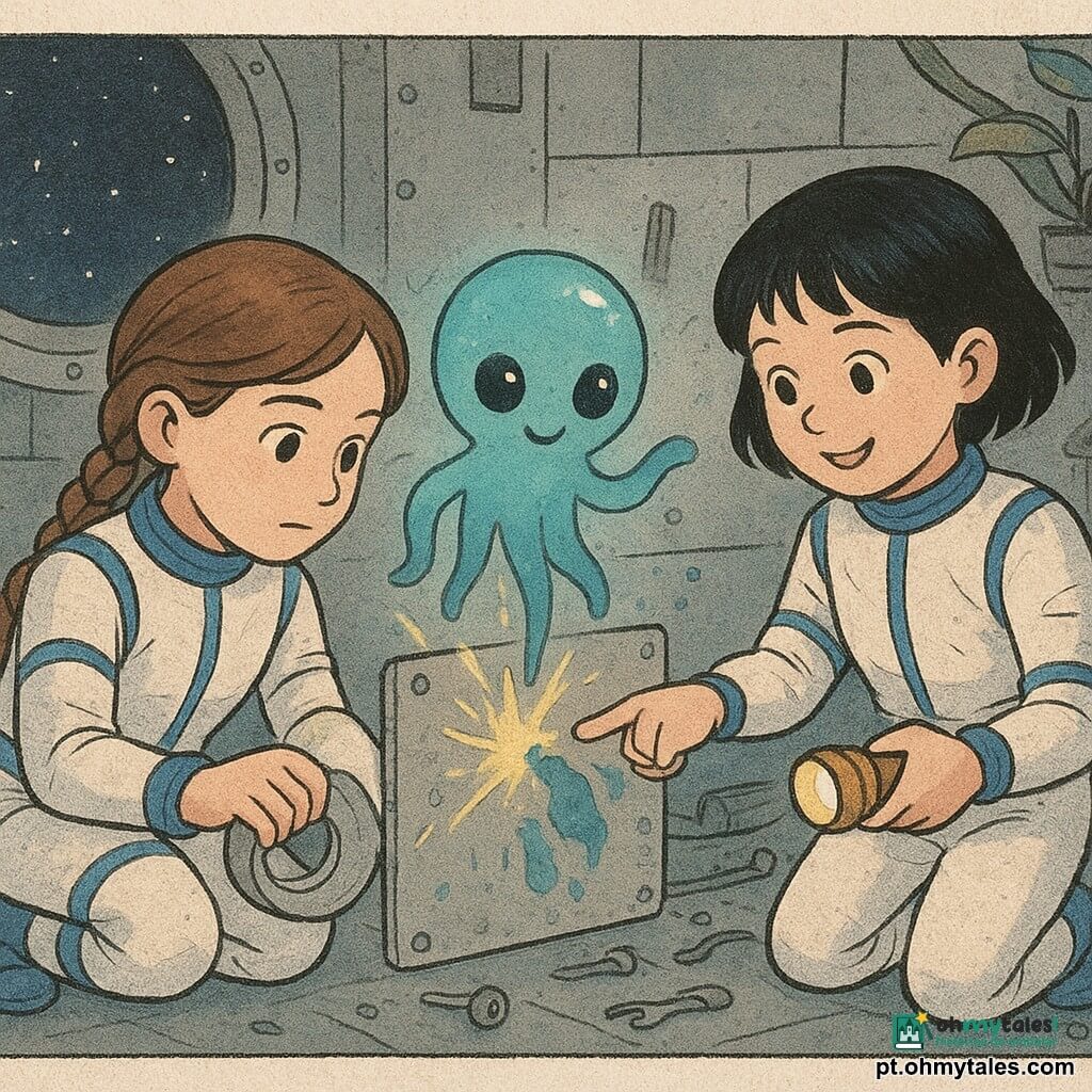 Há três personagens: Lia, 10 anos, trança castanha, macacão espacial branco com detalhes azuis, agachada à esquerda segurando um rolo de fita isolante prateada ao olhar para um painel faíscante; Sofia, 10 anos, cabelo preto curto e sorriso curioso, macacão idêntico, à direita com uma pequena lanterna amarela apontando para marcas azuis na carcaça; e Nunu, criatura extraterrestre com corpo translúcido azul-esverdeado, olhos brilhantes e tentáculos flexíveis, flutuando entre as meninas e tocando o painel com um tentáculo emitindo um fraco halo luminoso. Local: interior/exterior misto de uma estação espacial circular (setor 17) com carcaça metálica cinza, placas aparafusadas, painéis solares ao fundo, grandes escotilhas redondas mostrando céu estrelado, plantas em vasos flutuando e cabos e ferramentas espalhados. Situação: as meninas ajudam o extraterrestre a reparar um fio faiscante na carcaça, há marcas azuis gelatinosas nas placas, um pequeno módulo de passeio transparente ao lado e faíscas amarelo-âmbar ao redor do painel reparado.