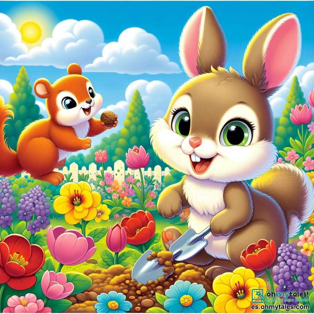 Un pequeño conejo llamado Tito, con grandes orejas suaves y un pelaje marrón claro, salta alegremente en medio de un jardín colorido, sus ojos brillando de emoción. Sostiene una pequeña pala con sus patas delanteras y mira con asombro las flores que comienzan a brotar a su alrededor. Junto a él, su mejor amiga, Lola la ardilla, con pelaje rojizo y una cola esponjosa, sube a una rama baja de un árbol, sonriendo y sosteniendo una nuez en sus patas, lista para ayudarlo. El jardín está lleno de flores brillantes de todos los colores: tulipanes rojos, narcisos amarillos y violetas. El cielo es de un azul brillante, salpicado de algunas nubes blancas y esponjosas, y el sol brilla, iluminando la escena con una luz cálida. En esta ilustración, Tito y Lola trabajan juntos con entusiasmo para plantar semillas, simbolizando el comienzo de la temporada primaveral y la amistad que los une.