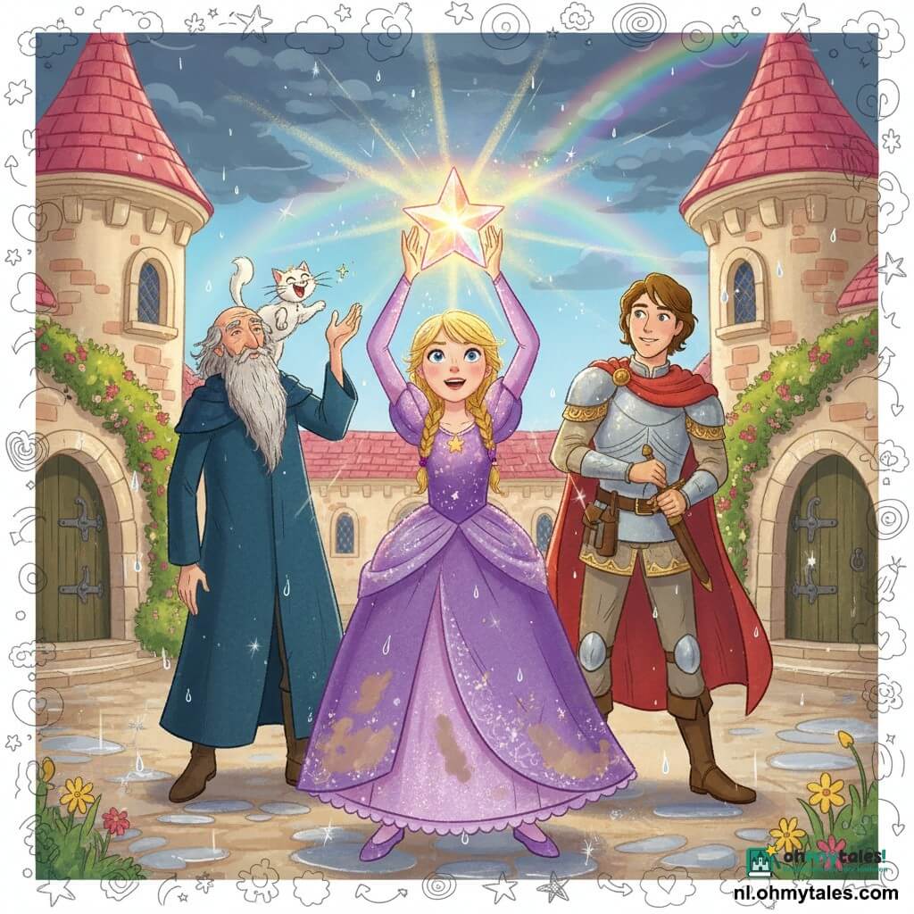 Prinses Lila in het midden, stralend en vastberaden met blonde vlechten en een paarse jurk vol avontuurlijke stofvlekken, houdt een groot sterachtig kristal dat warm meerkleurig licht uitstraalt en de storm bedwingt; links Merlijn, oude man met donkerblauwe mantel en grijze baard, blaast een vonkje magie; rechts prins Felix, jonge man in lichte harnas met gouden motieven en rode cape, kijkt bewonderend en houdt zijn zwaard omhoog; Flonkel de witte kat miauwt op Lila's schouder; locatie: lichte stenen kasteelhof met roze daken, nat geplaveide grond en wegtrekkende donkere wolken waarboven een regenboog verschijnt; sfeer: triomfantelijk moment met kristallen licht dat door de wolken breekt, fonkelende regendruppels en opgeluchte blije gezichten; stijl: felle contrasterende kleuren, zachte ronde lijnen, zichtbare stoftexturen en speelse kindertekeningen (sterren, hartjes, wolken) als overlay.