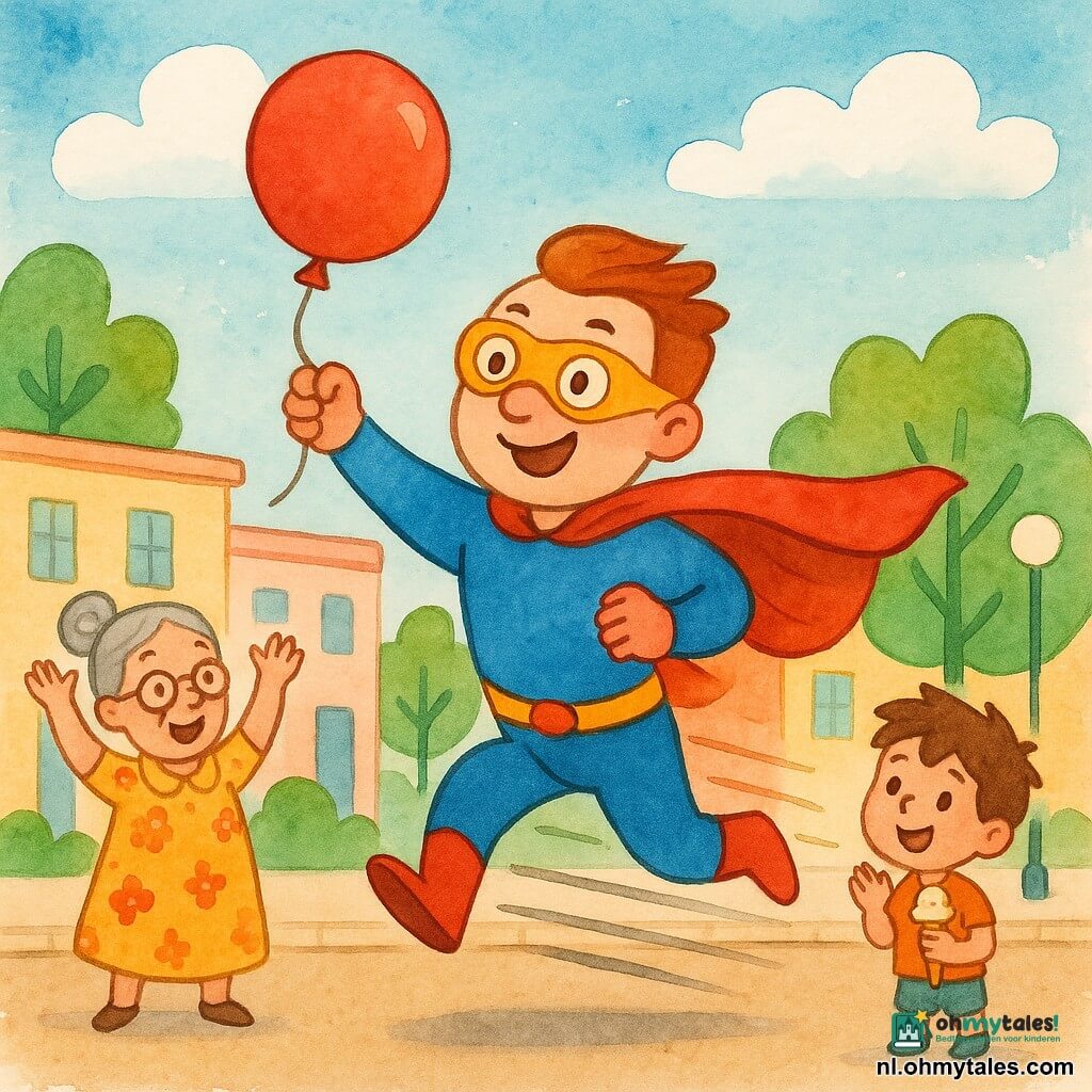 Een glimlachende mannelijke superheld met rond gezicht en glinsterende ogen draagt een rode wapperende cape en gele bril, rent snel met wazige benen en grijpt met zijn rechterhand een rode ballon; mevrouw Vos, een oudere vrouw met grijs haar in een knot en een bloemenjurk, staat iets links achter hem met opgeheven armen en kijkt omhoog; rechts staat Max, een circa 5-jarige jongen met warrig bruin haar die een vanille-ijsje vasthoudt en applaudisseert; scène in een kleurrijke stadstraat met lage pastelkleurige gevels, ronde lantaarns, gestileerde groene bomen en zachte witte wolken aan een blauwe lucht; eenvoudige lijnen, felle kleuren, inktafzetting en zachte aquareltexturen.