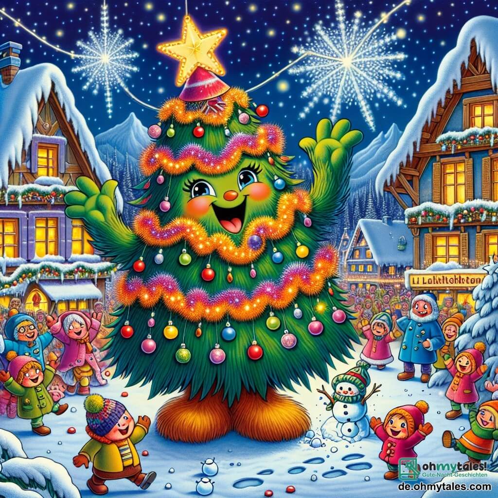 Im Zentrum des Bildes steht ein großer, bunter Weihnachtsbaum namens Tanne, dessen grüne Zweige mit funkelnden Lichtern und glänzenden Kugeln geschmückt sind und der mit einem warmen Lächeln Freude ausstrahlt, während er seine Zweige zum sternenklaren Himmel hebt. An seiner Seite tanzt ein kleiner Schneemanngeist namens Flöckchen, der wie eine niedliche Schneeflocke aussieht, mit funkelnden Augen und einem schelmischen Lächeln, fröhlich in der Luft, umgeben von kleinen Schneeflocken. Im Hintergrund ist ein verschneites Dorf, das von bunten Lichtern erleuchtet wird, mit Holzhäusern, deren Dächer mit Schnee bedeckt sind, und Kindern, die Schneemänner bauen. Die Szene spielt sich auf dem Dorfplatz ab, wo die versammelten Bewohner in bunten Mänteln lachen und sich auf die Feier des Neujahrs vorbereiten. Tanne und Flöckchen sind in voller Aktion, bereit, das neue Jahr mit ihren Freunden zu begrüßen, während ein großer, katzenförmiger Ball fröhlich über ihnen schwebt und dieser festlichen Feier einen Hauch von Magie verleiht.